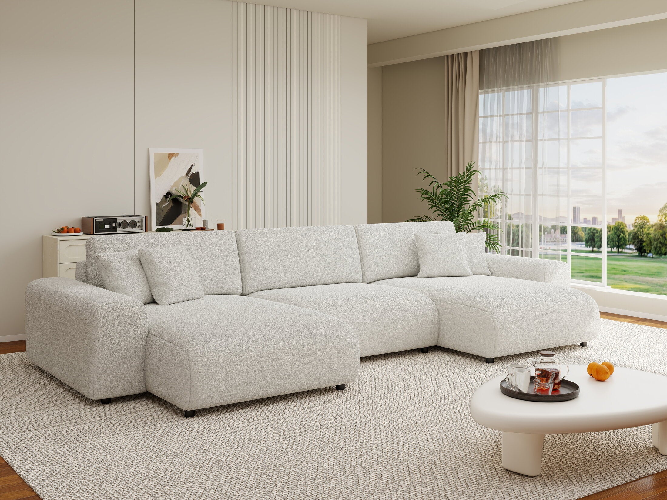 Colțar extensibil dumonde cu ladă de depozitare si sezut confortabil din spuma HR, Sarina U Euphoria Alb 350x168 cm