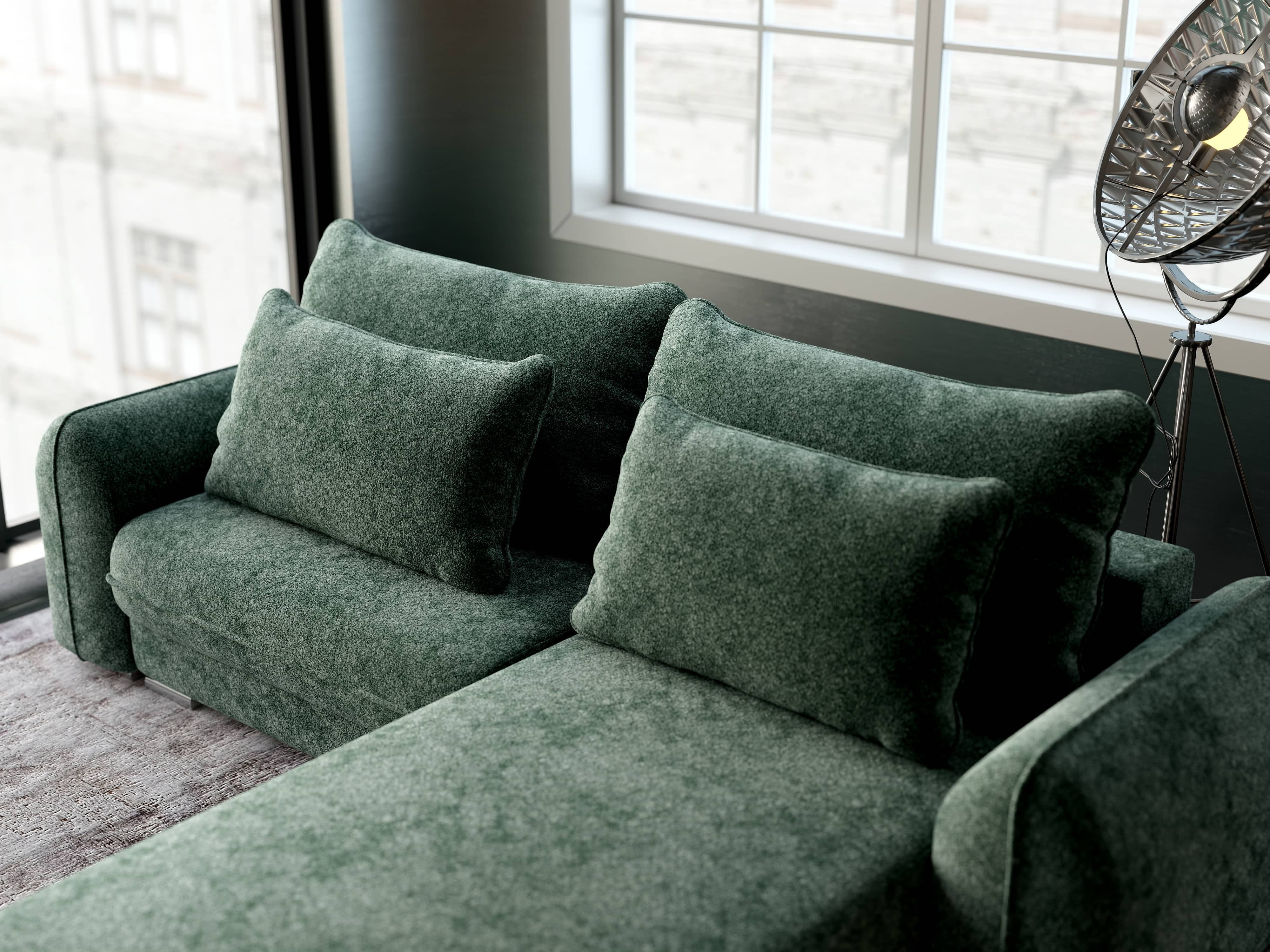 Colțar extensibil dumonde cu ladă de depozitare si sezut confortabil din spuma HR, Denver Euphoria Verde 275x185 cm II Fabrica