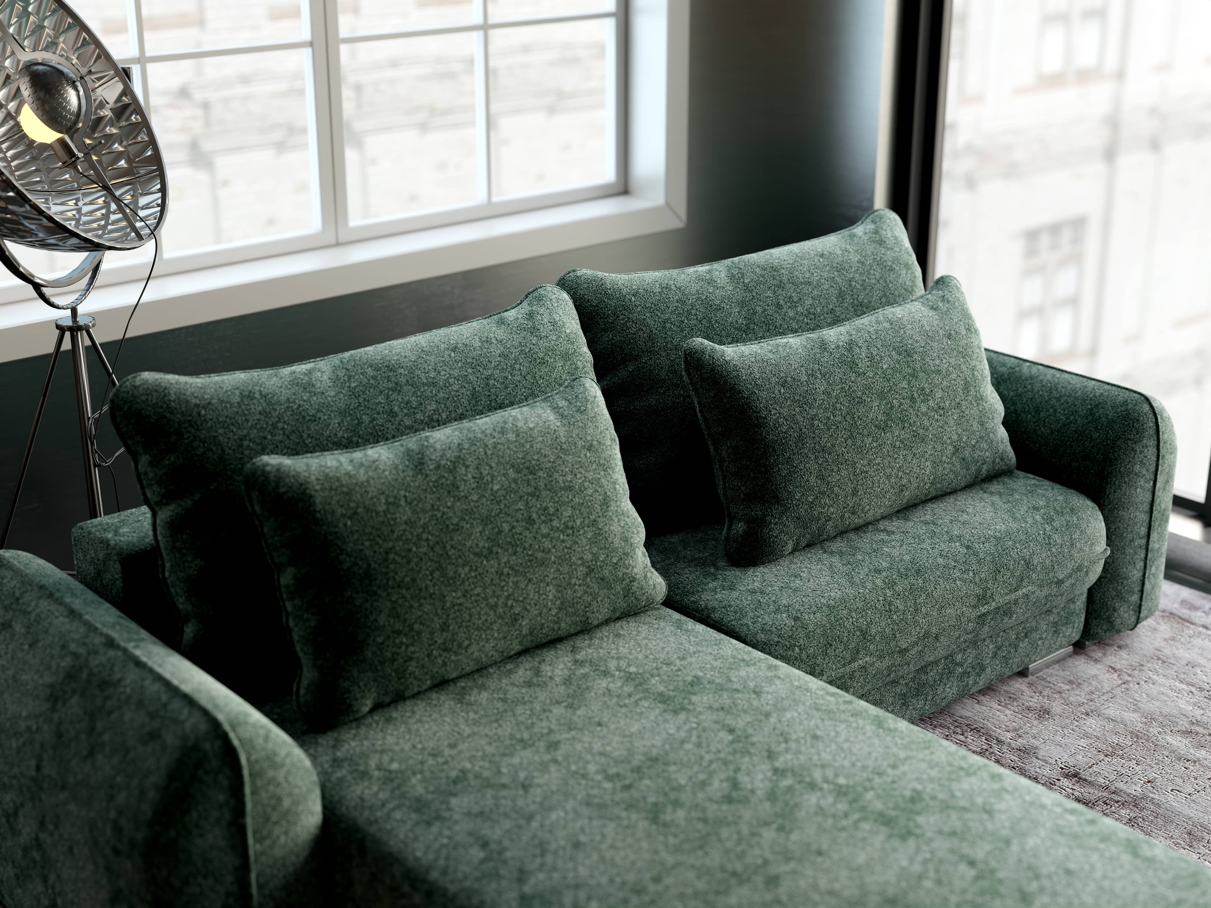 Colțar extensibil dumonde cu ladă de depozitare si sezut confortabil din spuma HR, Denver Euphoria Verde 275x185 cm Fabrica