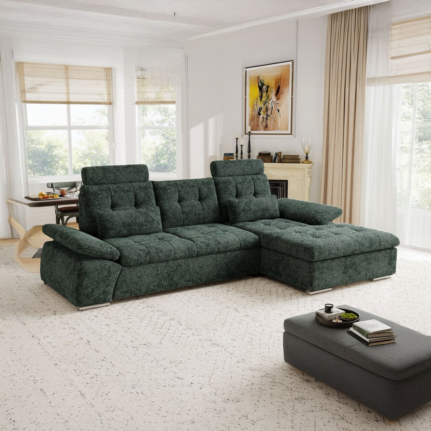 Colțar extensibil dumonde cu ladă de depozitare și șezut confortabil din spumă HR, Merkur Euphoria Verde 270x168 cm II