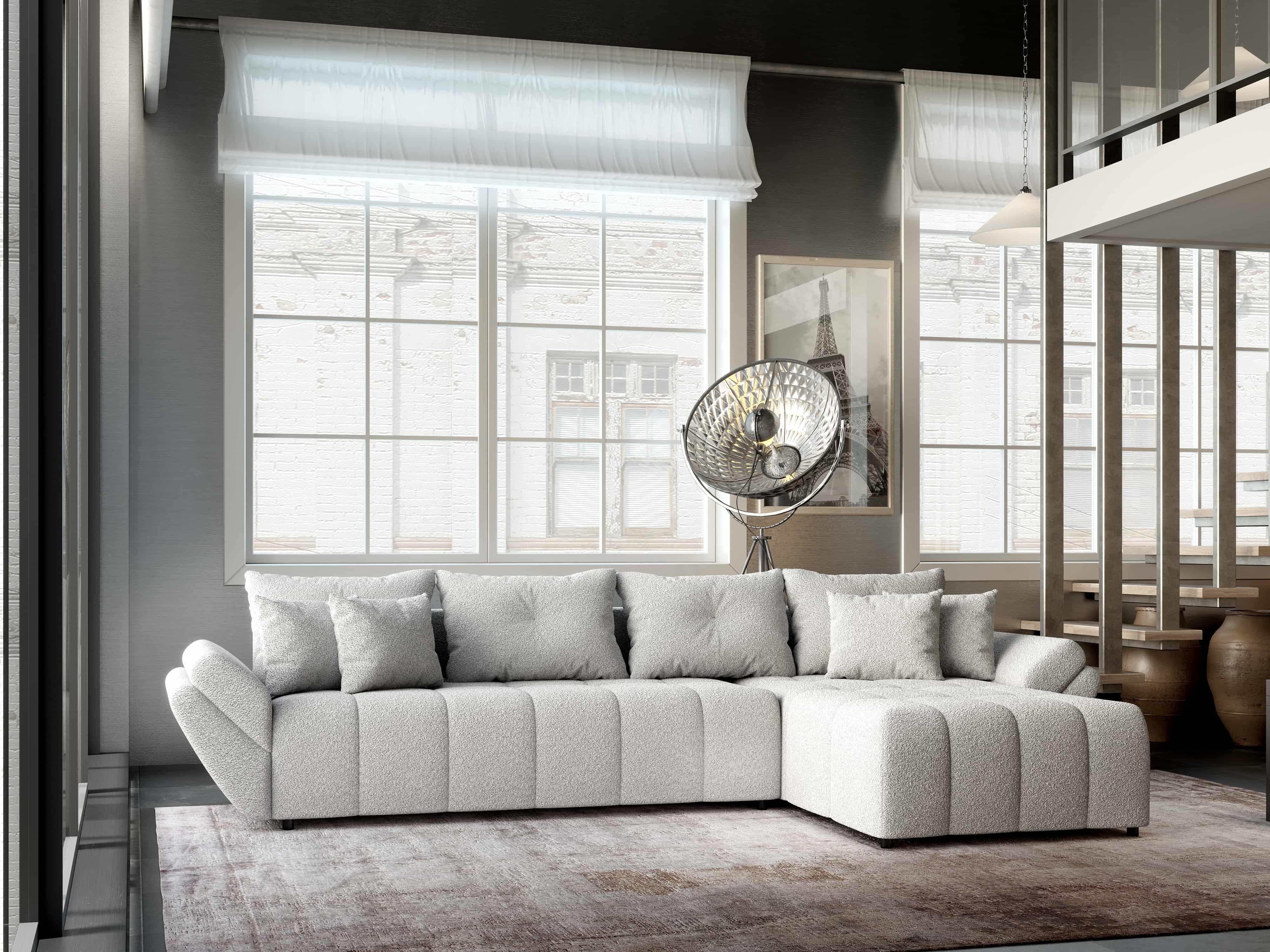 Colțar extensibil dumonde cu ladă de depozitare si sezut confortabil din spuma HR, Berlin XL Euphoria Dove 350x185 cm II Fabrica