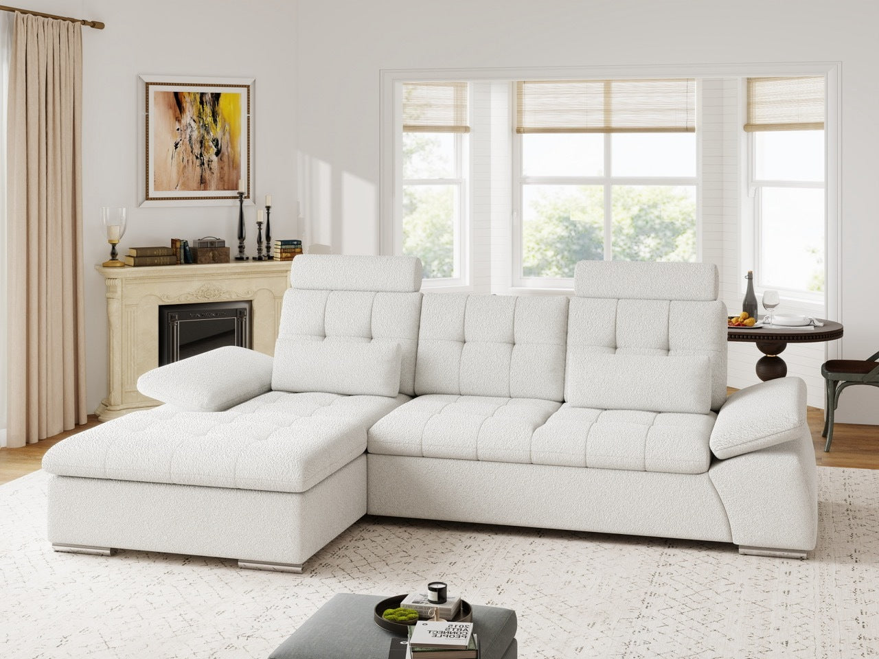 Colțar extensibil dumonde cu ladă de depozitare și șezut confortabil din spumă HR, Merkur Euphoria Alb 270x168 cm