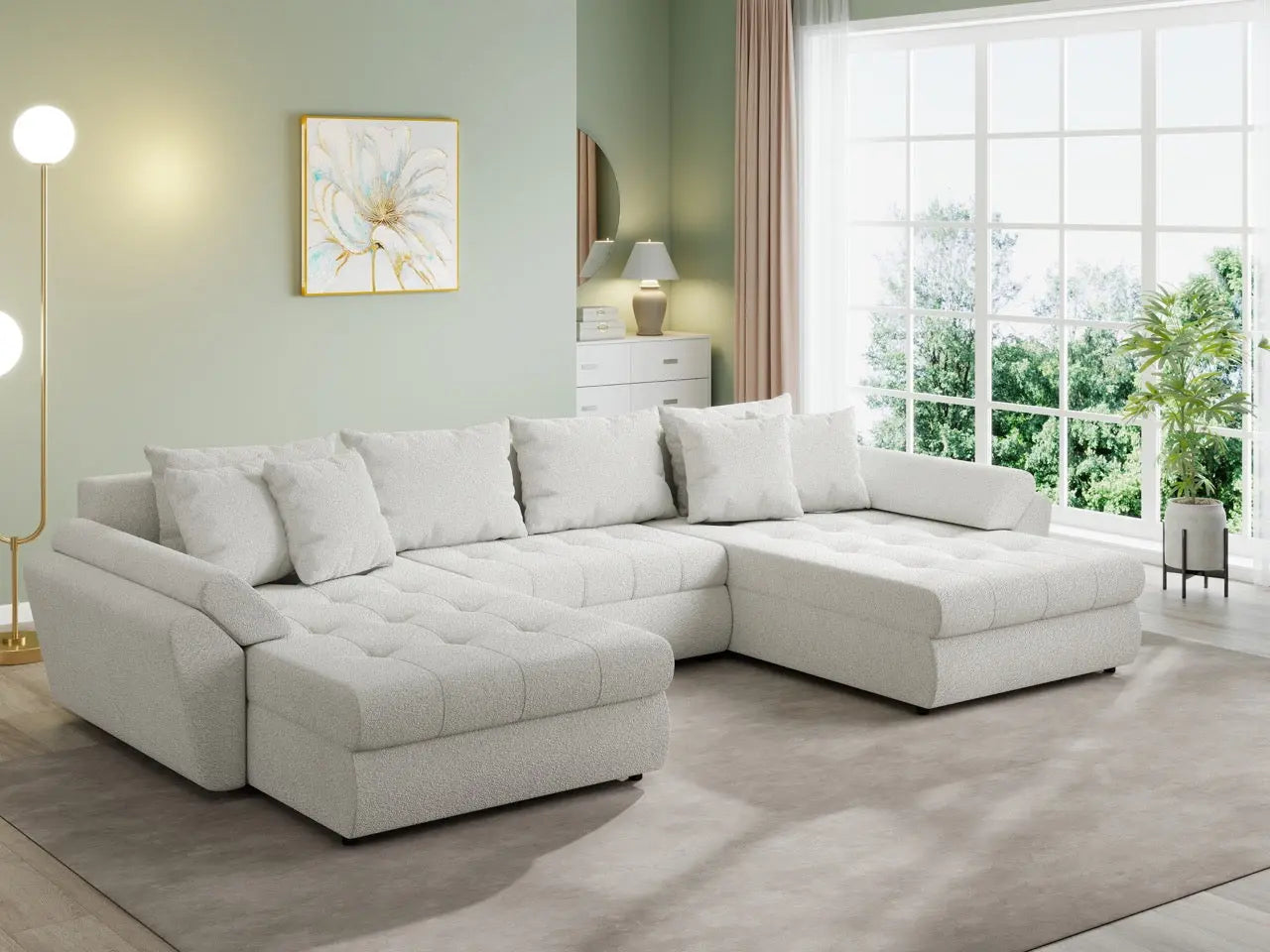Colțar extensibil dumonde cu ladă de depozitare si sezut confortabil din spuma HR, Loana U Euphoria Ivory 355x185 cm Fabrica