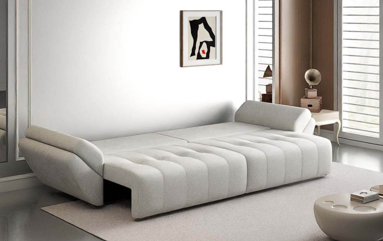 Canapea extensibilă dumonde cu ladă de depozitare si sezut confortabil din spuma HR, Berlin Euphoria Ivory 300x100 cm Fabrica