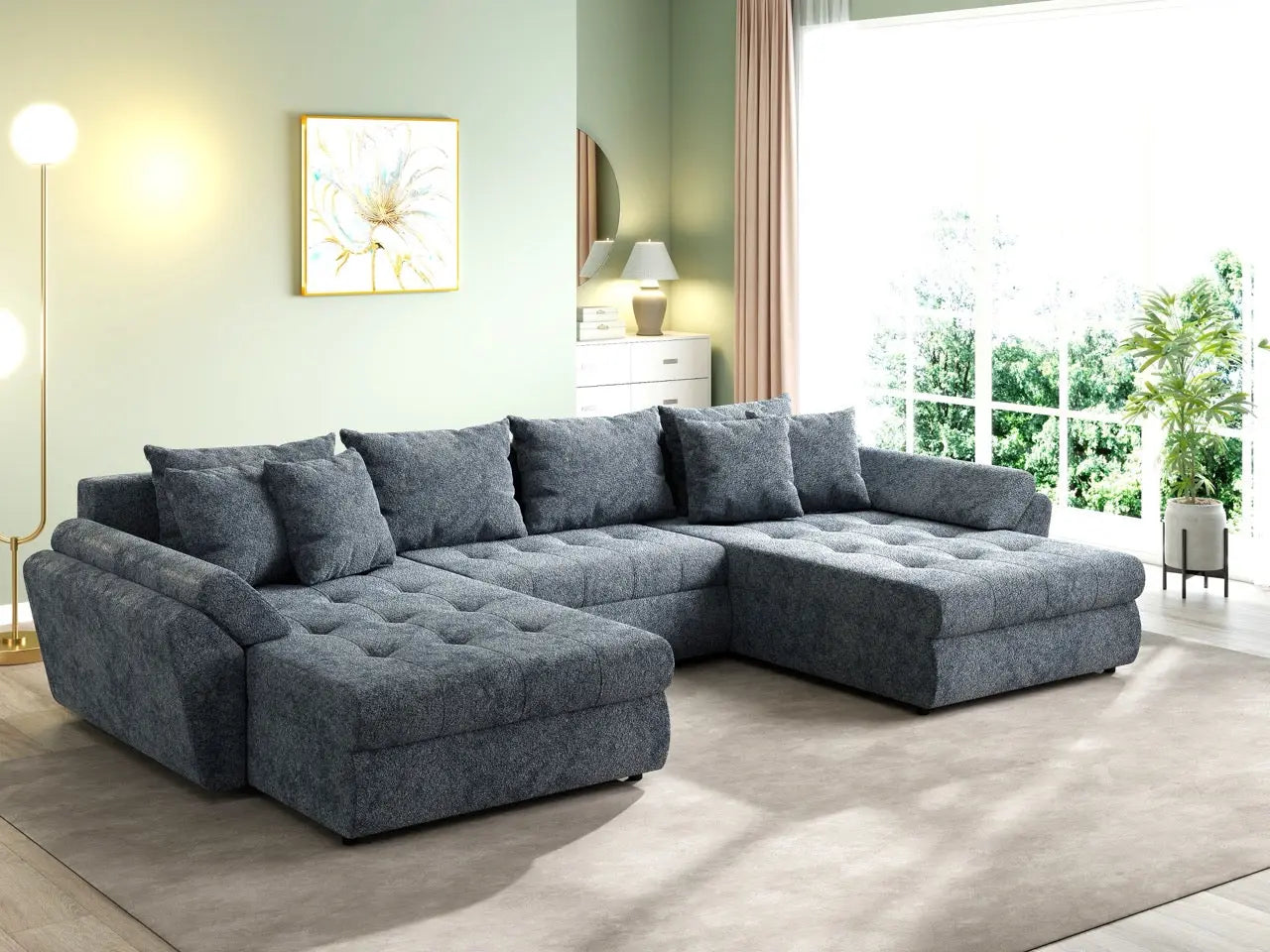 Colțar extensibil dumonde cu ladă de depozitare si sezut confortabil din spuma HR, Loana U Euphoria Grafit 355x185 cm Fabrica