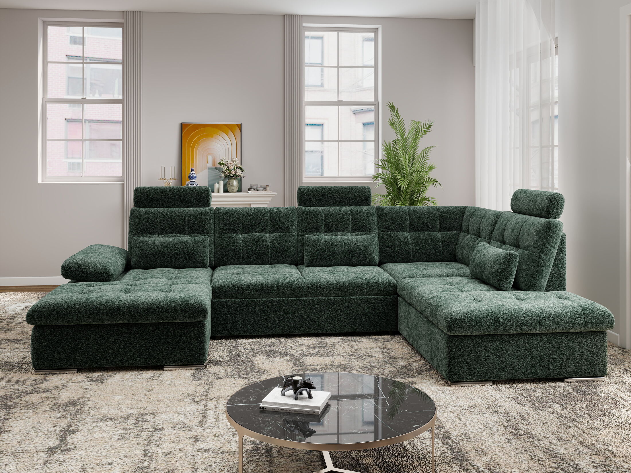 Colțar extensibil dumonde cu ladă de depozitare și șezut confortabil din spumă HR, Merkur U Euphoria Verde 324x218 cm