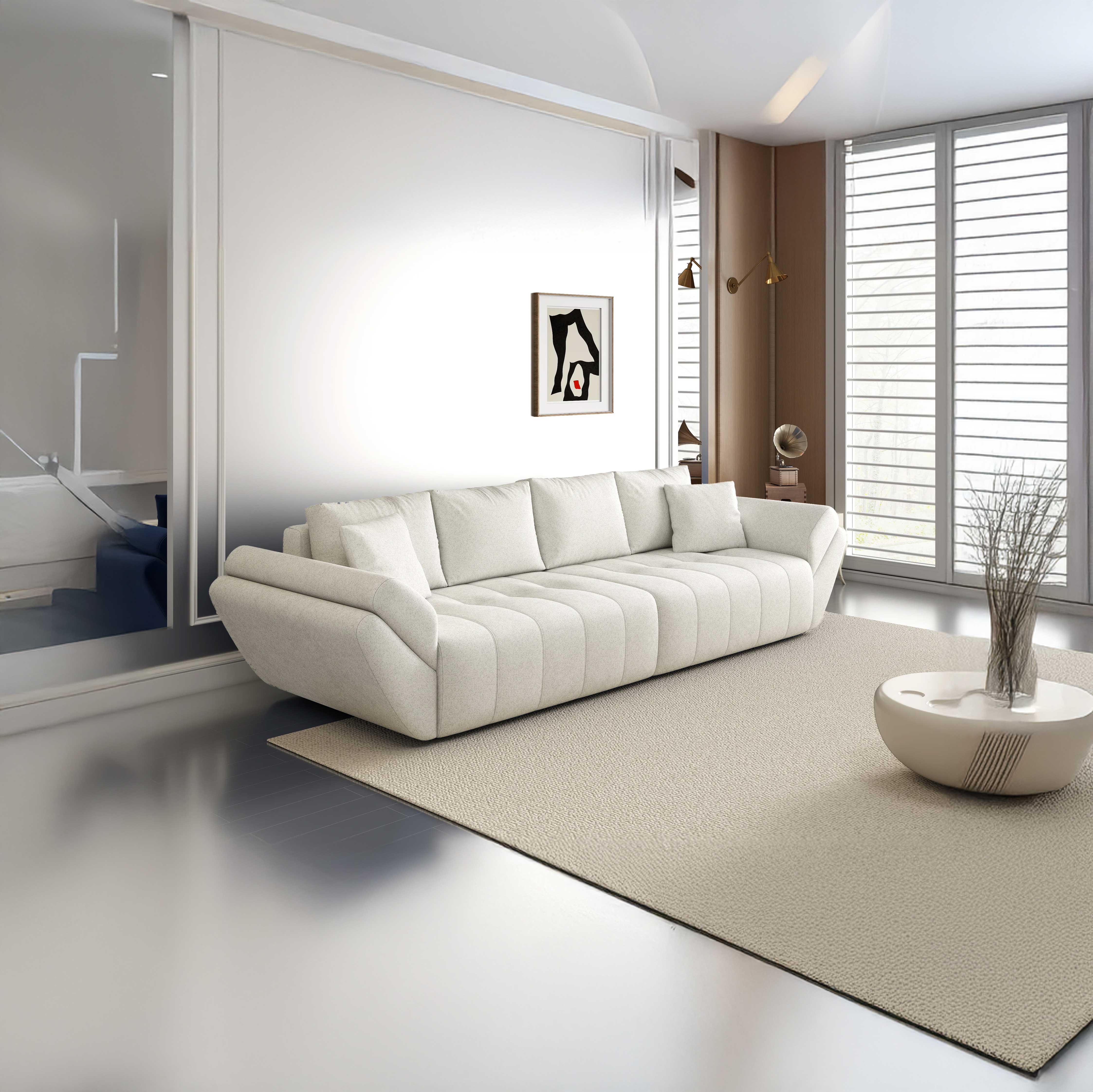 Canapea extensibilă dumonde cu ladă de depozitare si sezut confortabil din spuma HR, Berlin Euphoria Ivory 300x100 cm Fabrica