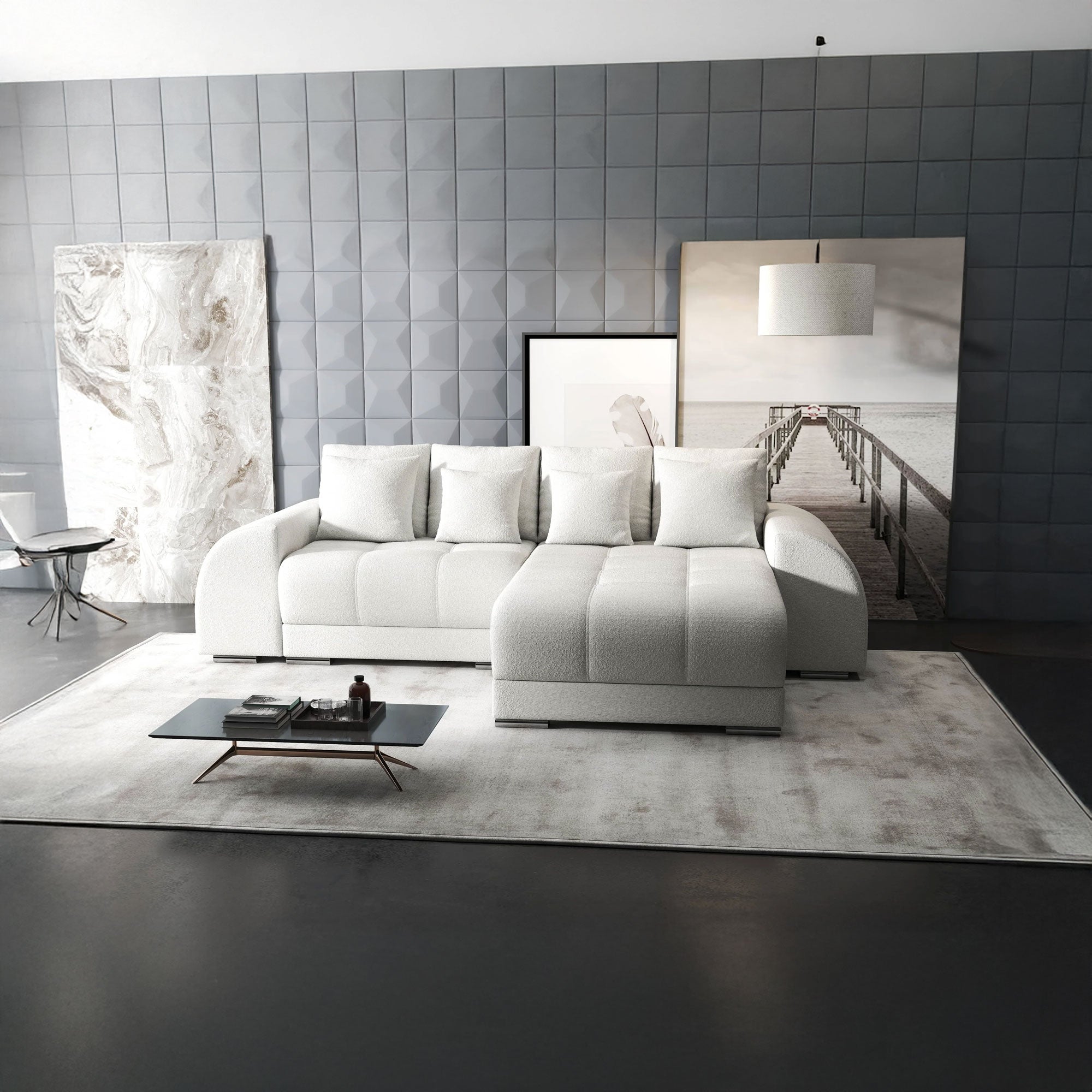 Colțar extensibil dumonde cu ladă de depozitare si sezut confortabil din spuma HR, Verona Euphoria Ivory II 290x185 cm Fabrica