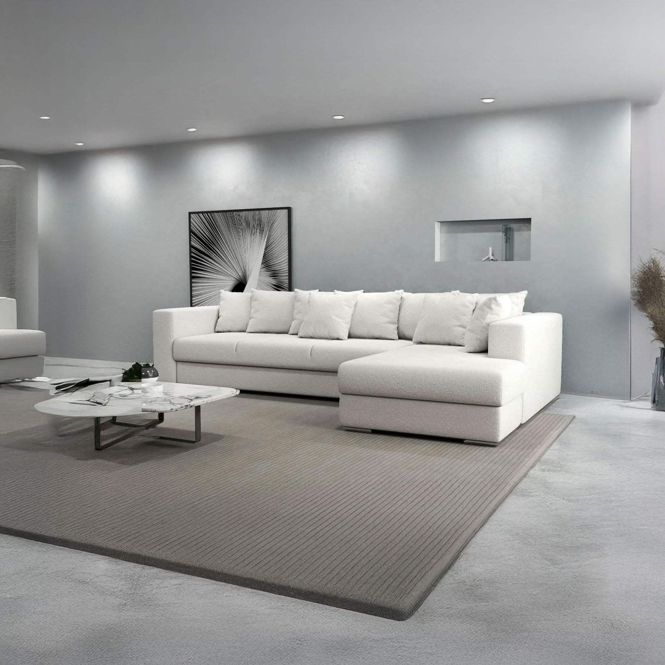 Colțar extensibil dumonde cu ladă de depozitare si sezut confortabil din spuma HR, Gloria Alb Euphoria II 320x183 cm Fabrica