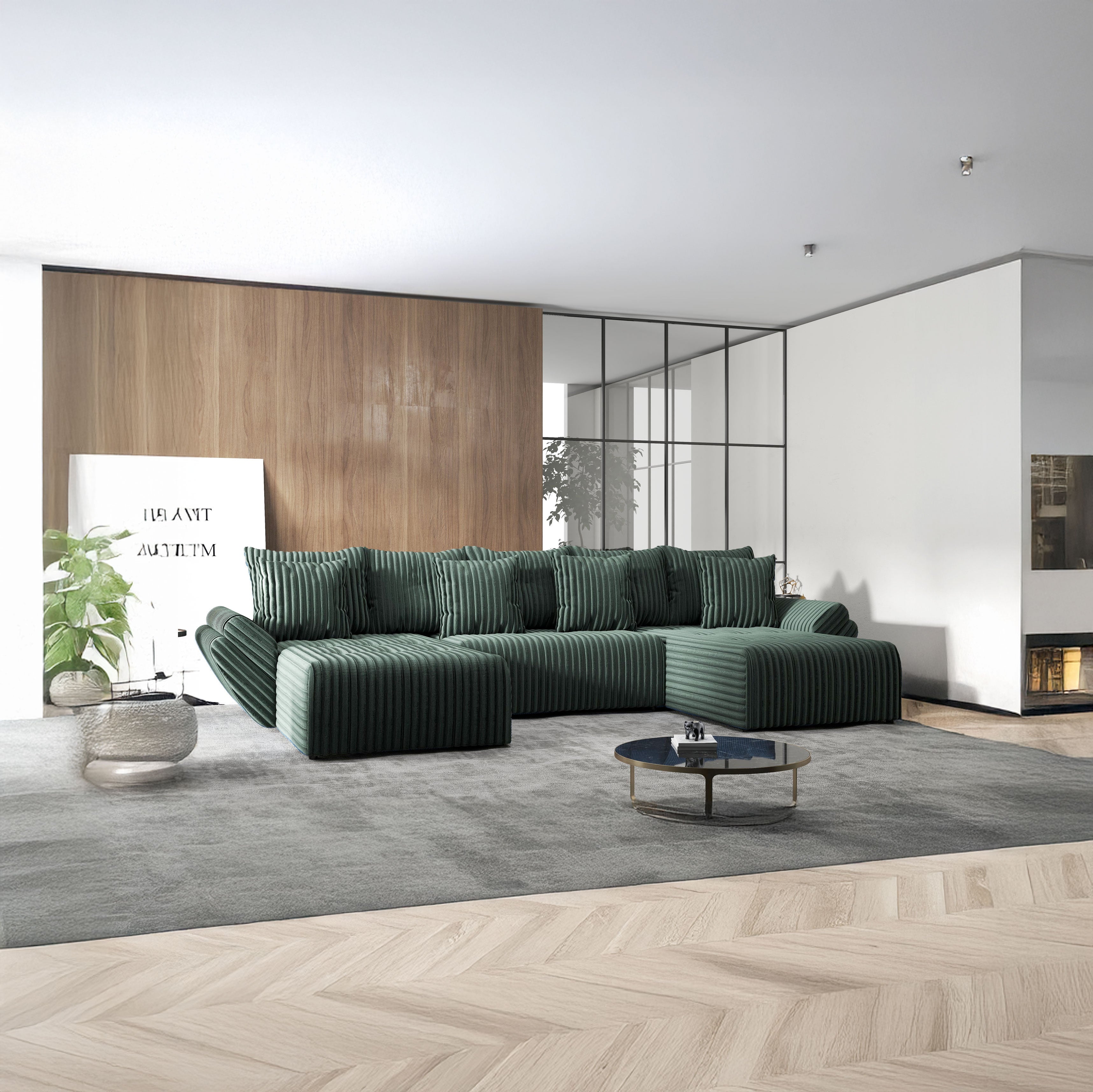 Colțar extensibil dumonde cu ladă de depozitare si sezut confortabil din spuma HR, Berlin U Ambience Green 380x180 cm Fabrica