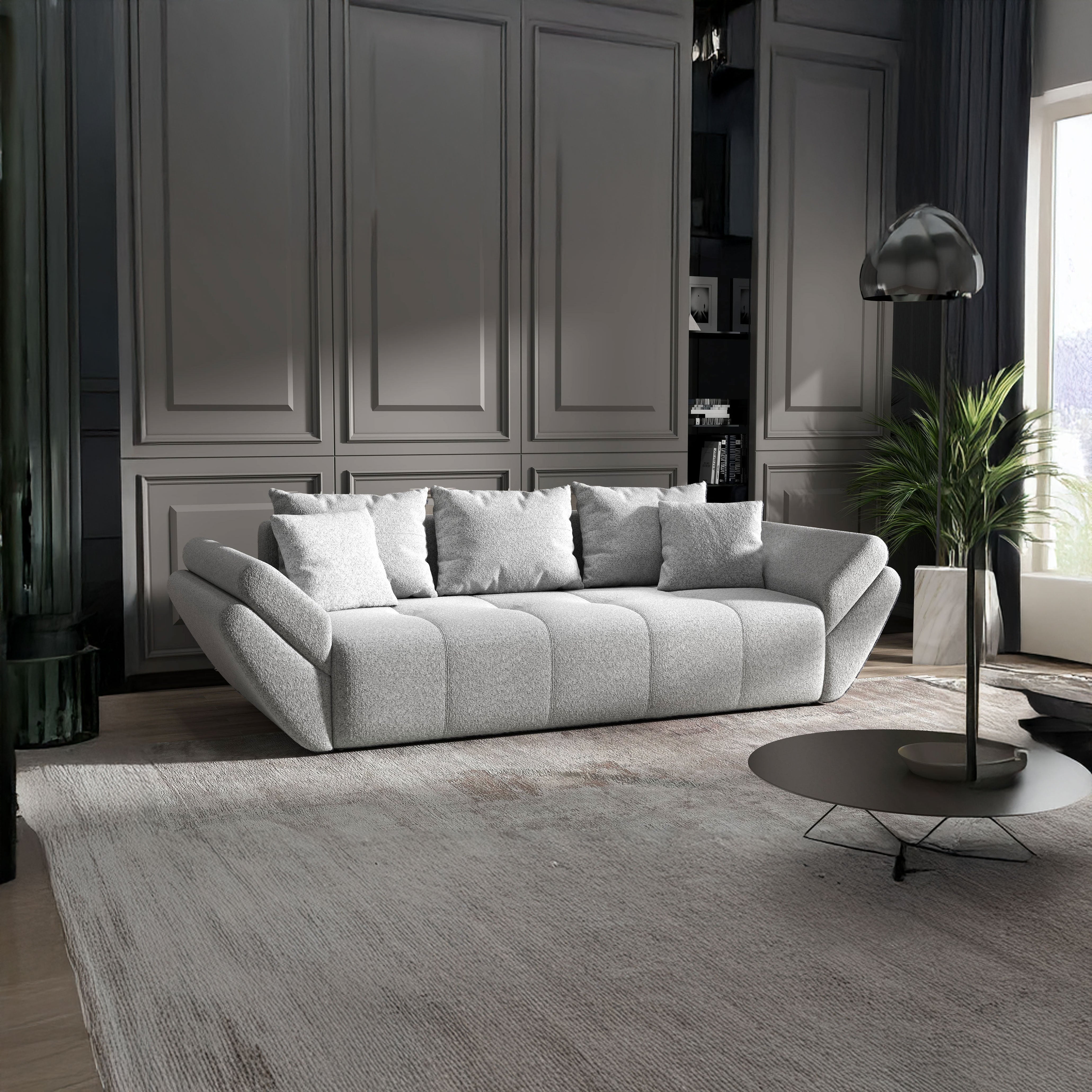 Canapea extensibilă dumonde cu ladă de depozitare si sezut confortabil din spuma HR, Berlin Euphoria Grey 250x100 cm Fabrica