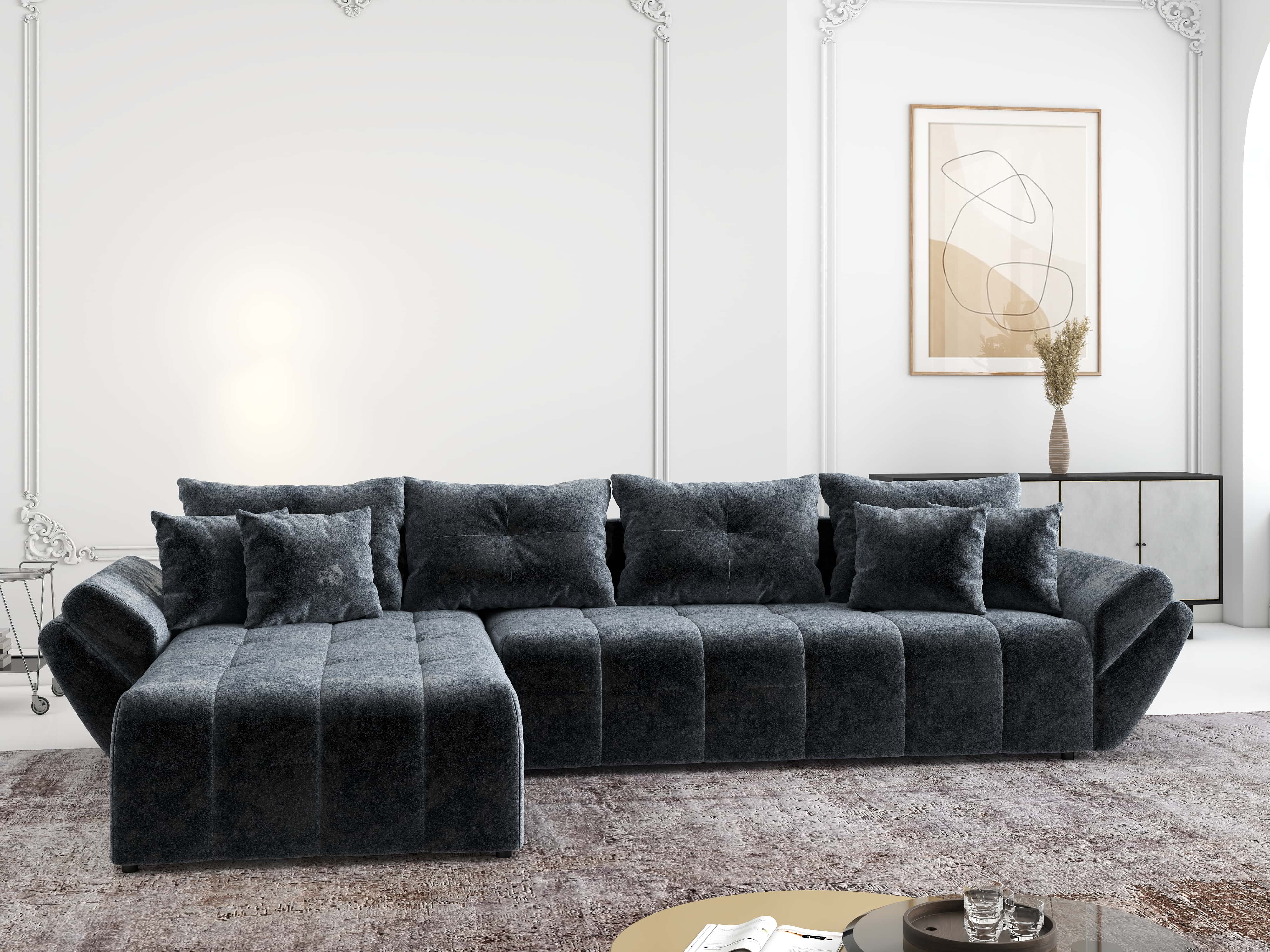 Colțar extensibil dumonde cu ladă de depozitare si sezut confortabil din spuma HR, Berlin XL Euphoria Graphite 350x185 cm Fabrica