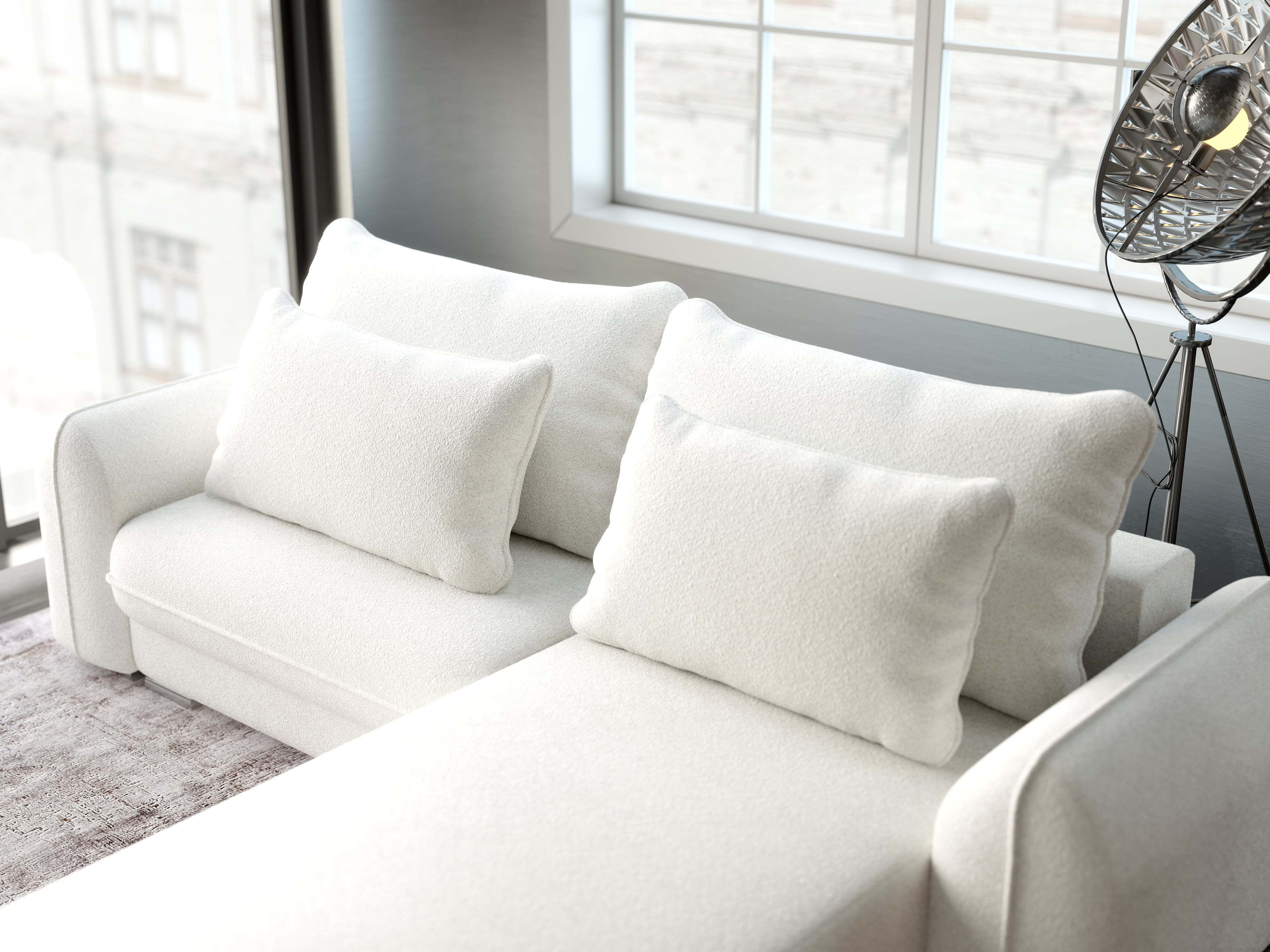 Colțar extensibil dumonde cu ladă de depozitare si sezut confortabil din spuma HR, Denver Euphoria Ivory 275x185 cm II Fabrica