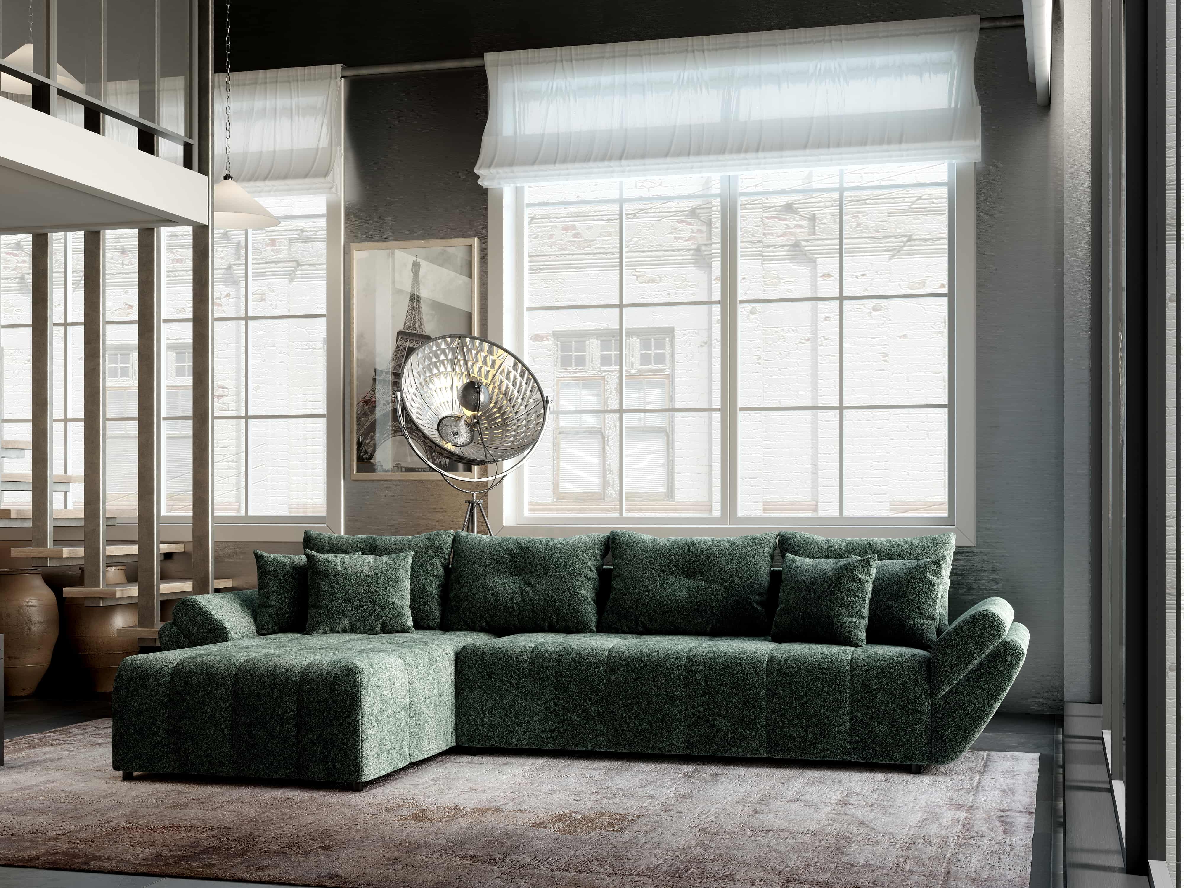 Colțar extensibil dumonde cu ladă de depozitare si sezut confortabil din spuma HR, Berlin XL Euphoria Green 350x185 cm Fabrica