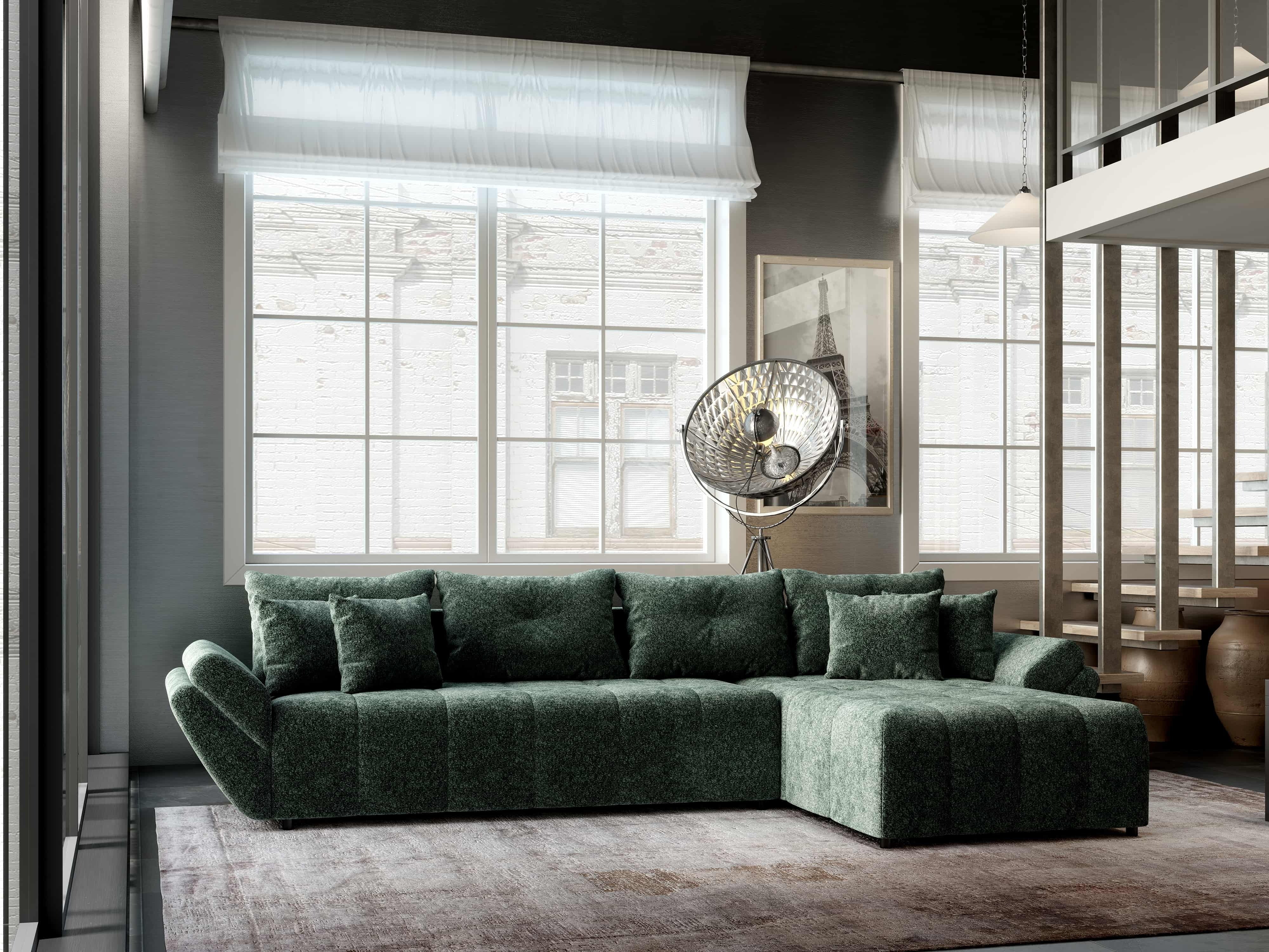 Colțar extensibil dumonde cu ladă de depozitare si sezut confortabil din spuma HR, Berlin XL Euphoria Green 350x185 cm II Fabrica