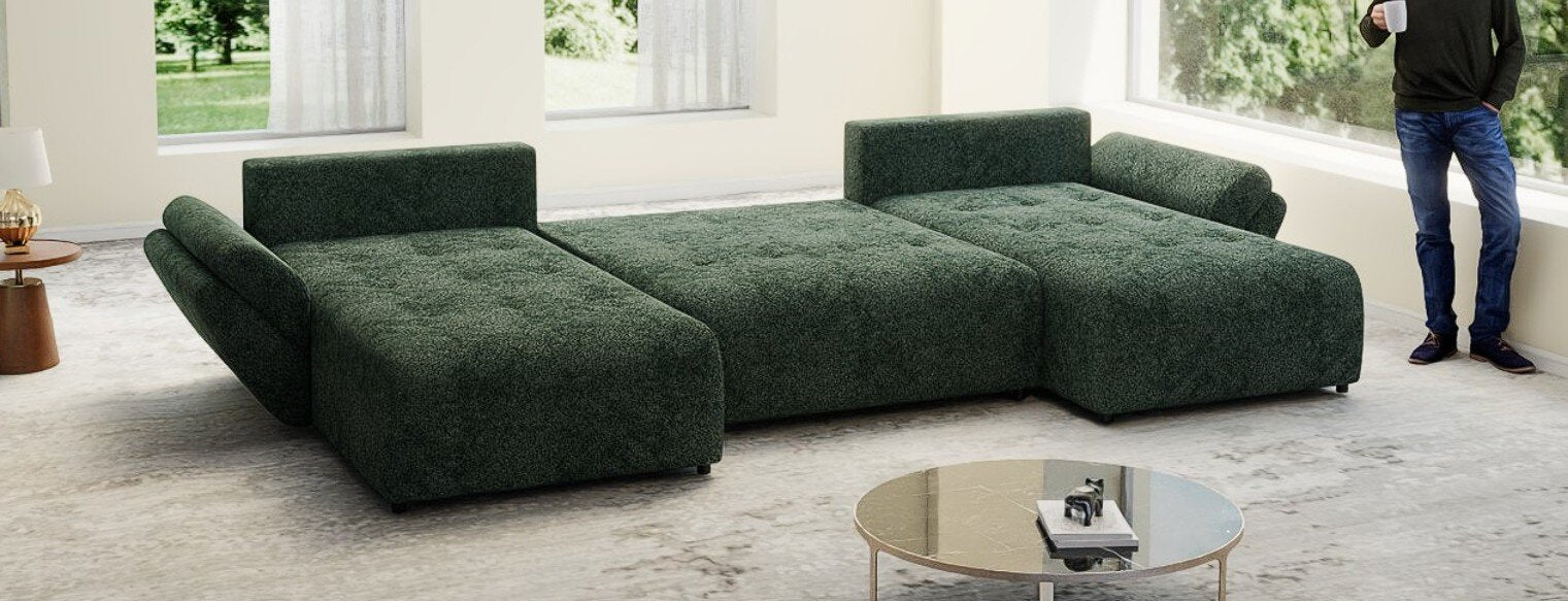 Colțar extensibil dumonde cu ladă de depozitare si sezut confortabil din spuma HR, Berlin U Euphoria Verde 380x180 cm