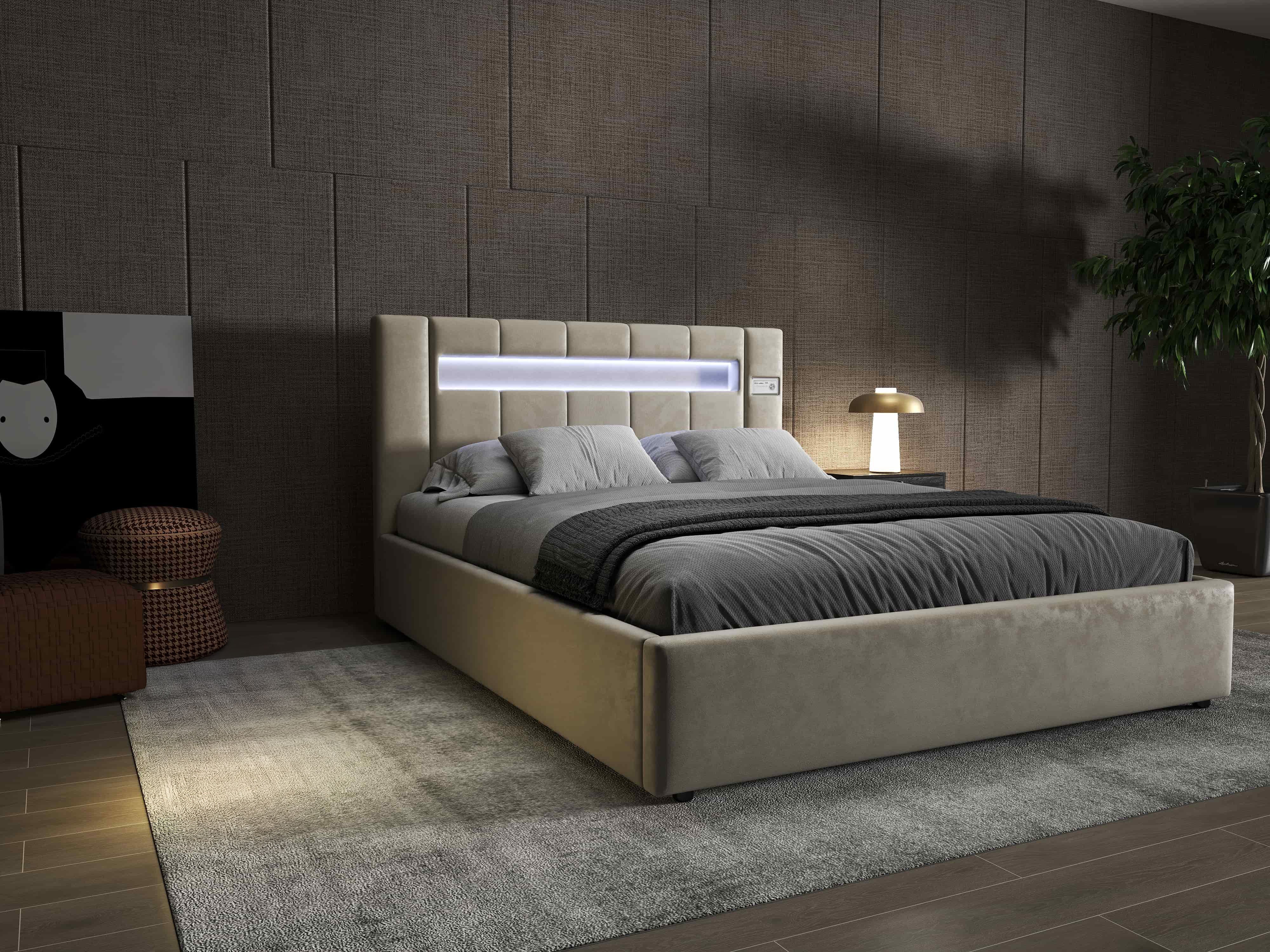 Pat dormitor dumonde, tapitat bej, Glow 180x200 cm, somiera rabatabila inclusa, spatiu depozitare WLS