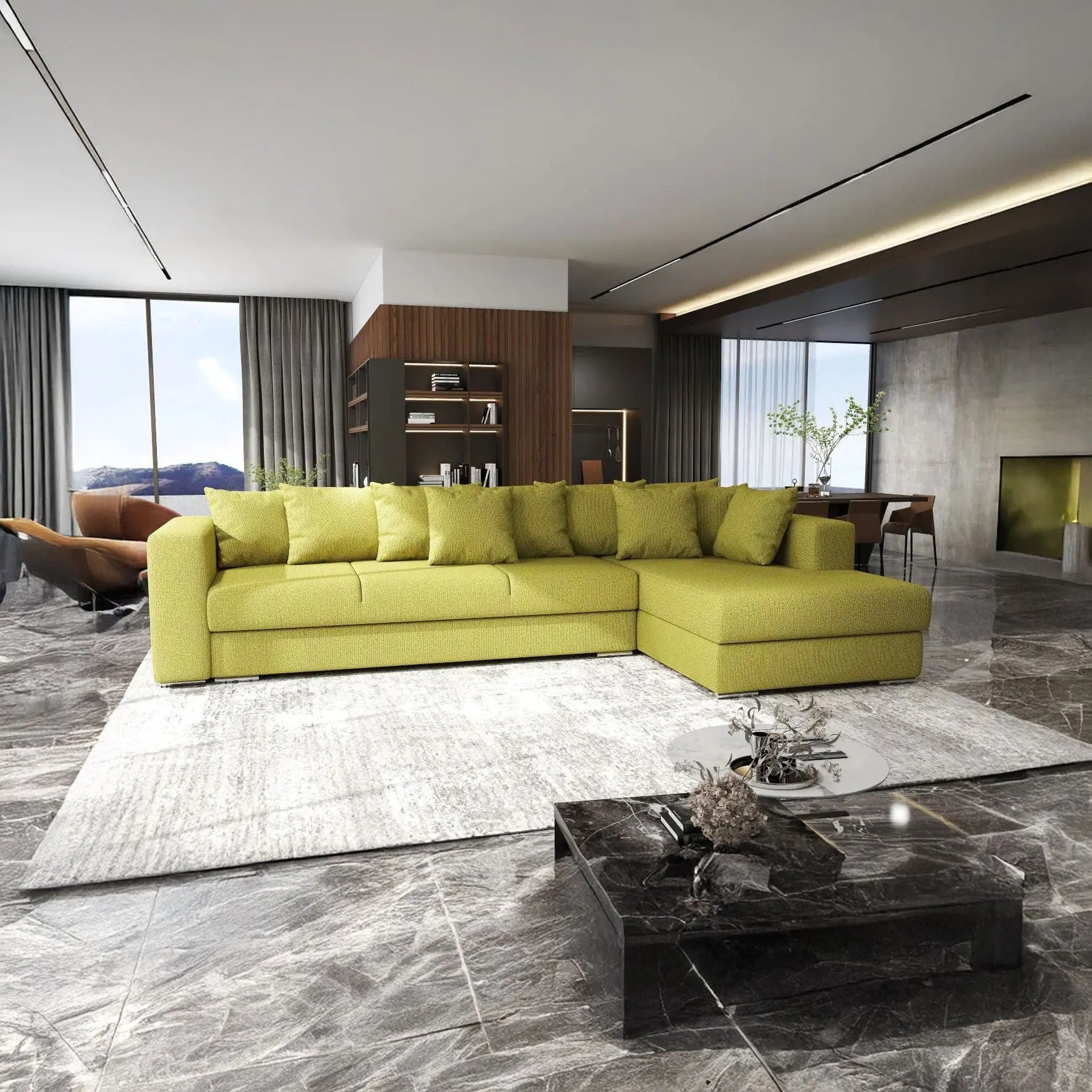 Colțar extensibil dumonde cu ladă de depozitare si sezut confortabil din spuma HR, Gloria Green Lux II 320x183 cm Fabrica
