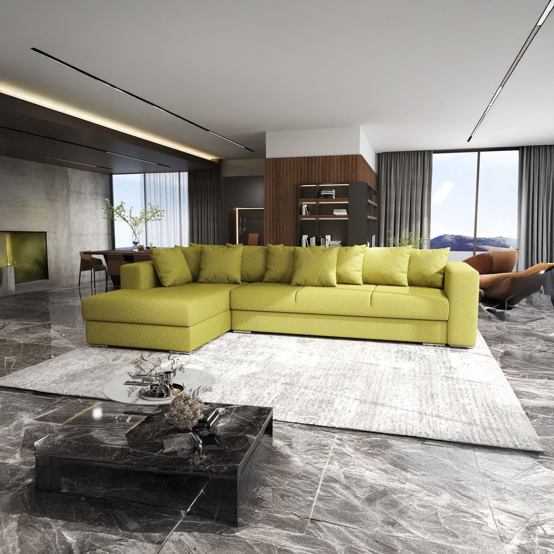 Colțar extensibil dumonde cu ladă de depozitare si sezut confortabil din spuma HR, Gloria Green Lux 320x183 cm Fabrica