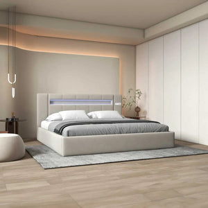 Pat dormitor dumonde, tapitat bej cu LED si SISTEM AUDIO, Glow 160x200 cm, somiera rabatabila inclusa, spatiu depozitare