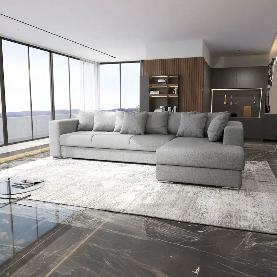 Colțar extensibil dumonde cu ladă de depozitare si sezut confortabil din spuma HR, Gloria Enjoy Grey II 320x183 cm Fabrica