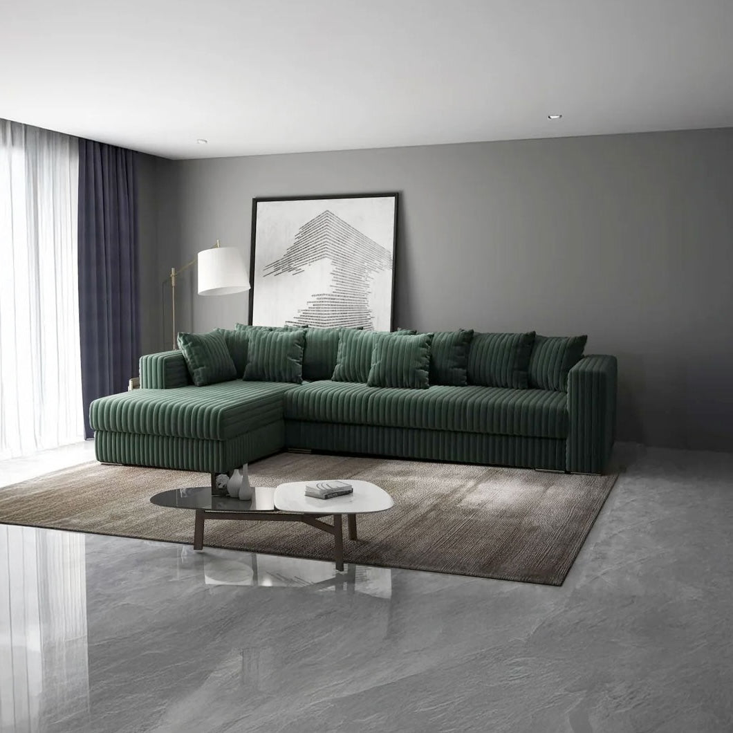 Colțar extensibil dumonde cu ladă de depozitare si sezut confortabil din spuma HR, Gloria Ambience Green 320x183 cm Fabrica