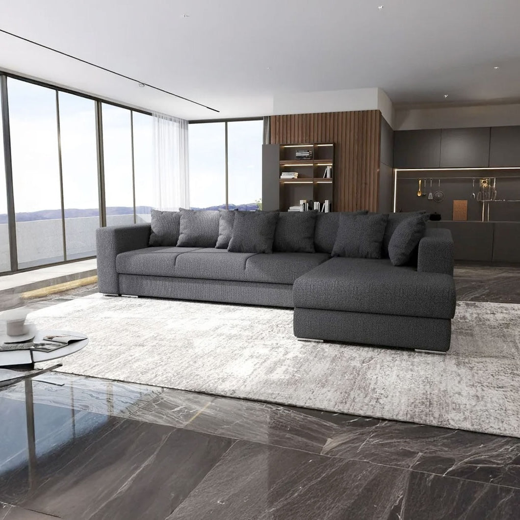 Colțar extensibil dumonde cu ladă de depozitare si sezut confortabil din spuma HR, Gloria Enjoy Grafit 320x183 cm Fabrica