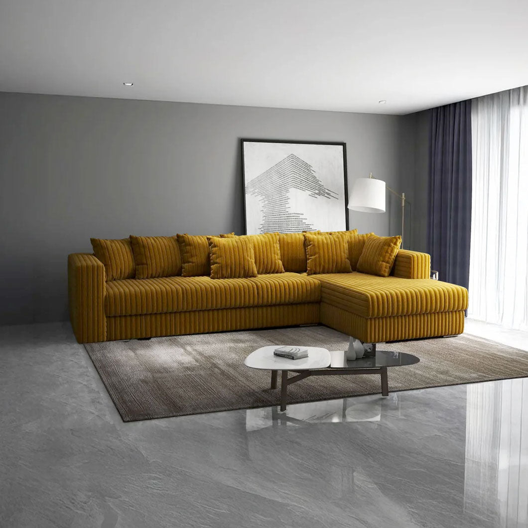 Colțar extensibil dumonde cu ladă de depozitare si sezut confortabil din spuma HR, Gloria Ambience Mustar II 320x183 cm Fabrica