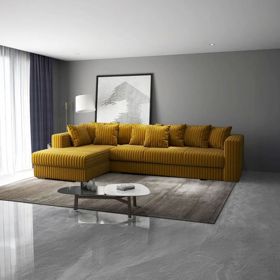 Colțar extensibil dumonde cu ladă de depozitare si sezut confortabil din spuma HR, Gloria Ambience Mustar 320x183 cm Fabrica