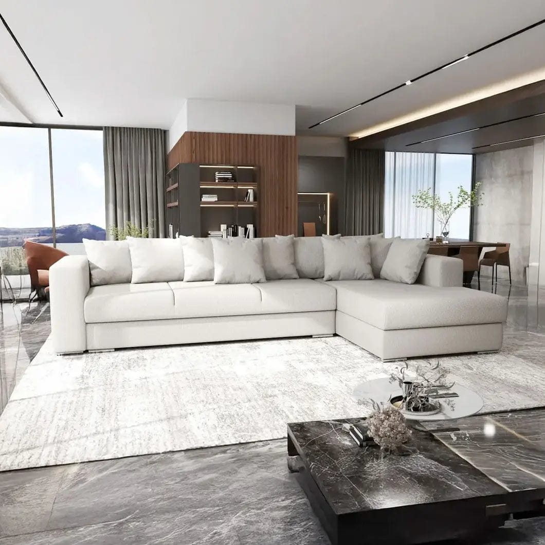 Colțar extensibil dumonde cu ladă de depozitare si sezut confortabil din spuma HR, Gloria Enjoy Beige II 320x183 cm Fabrica