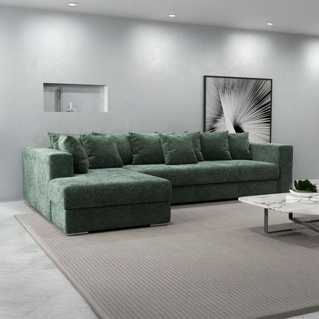 Colțar extensibil dumonde cu ladă de depozitare si sezut confortabil din spuma HR, Gloria Euphoria Green 320x183 cm Fabrica