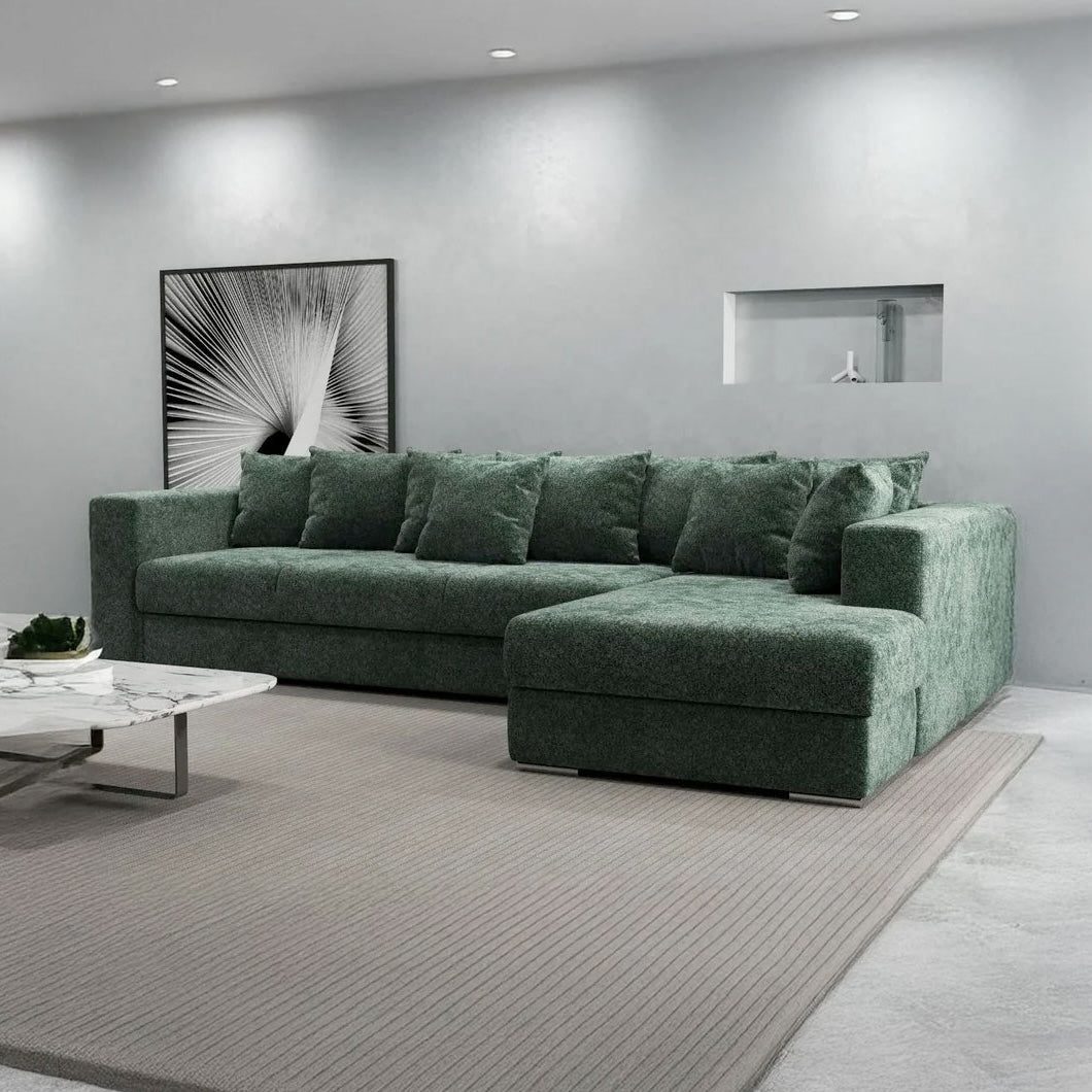 Colțar extensibil dumonde cu ladă de depozitare si sezut confortabil din spuma HR, Gloria Euphoria Green II 320x183 cm Fabrica