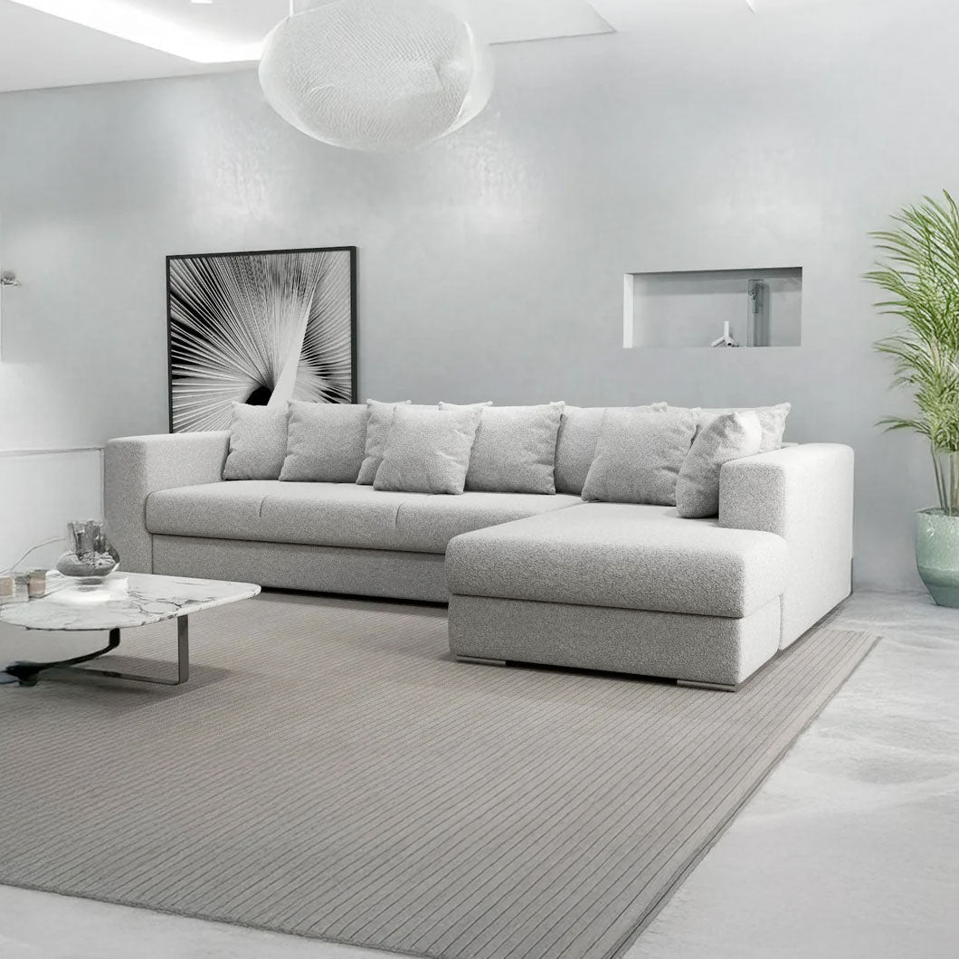 Colțar extensibil dumonde cu ladă de depozitare si sezut confortabil din spuma HR, Gloria Euphoria Dove II 320x183 cm Fabrica