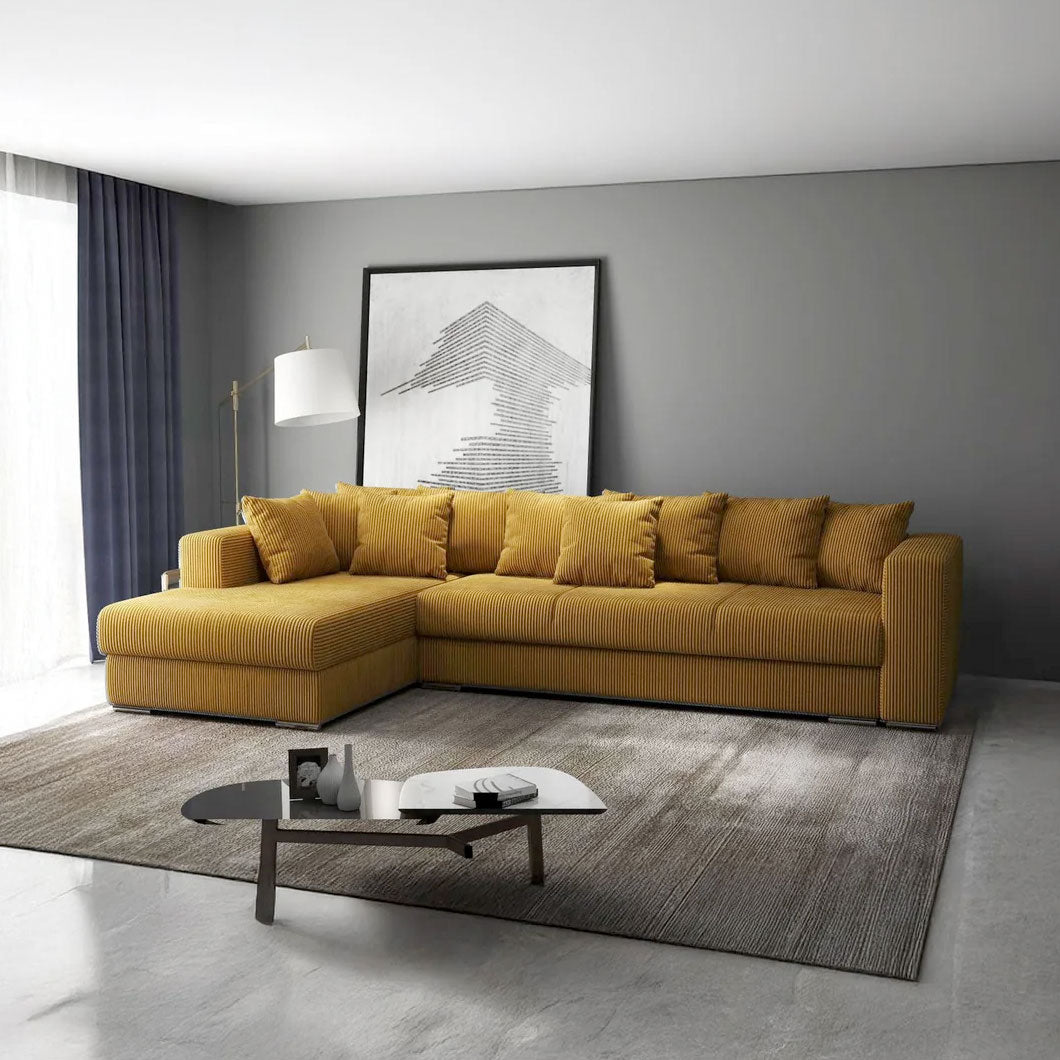 Colțar extensibil dumonde cu ladă de depozitare si sezut confortabil din spuma HR, Gloria Zoom Mustar 320x183 cm Fabrica