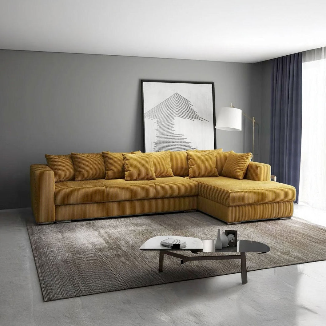 Colțar extensibil dumonde cu ladă de depozitare si sezut confortabil din spuma HR, Gloria Zoom Mustar II 320x183 cm Fabrica