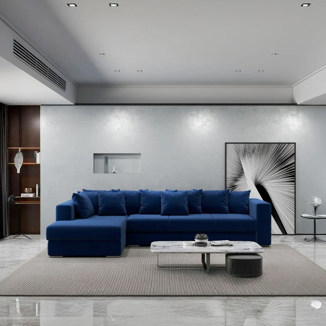 Colțar extensibil dumonde cu ladă de depozitare si sezut confortabil din spuma HR, Gloria Royal Blue 320x183 cm Fabrica