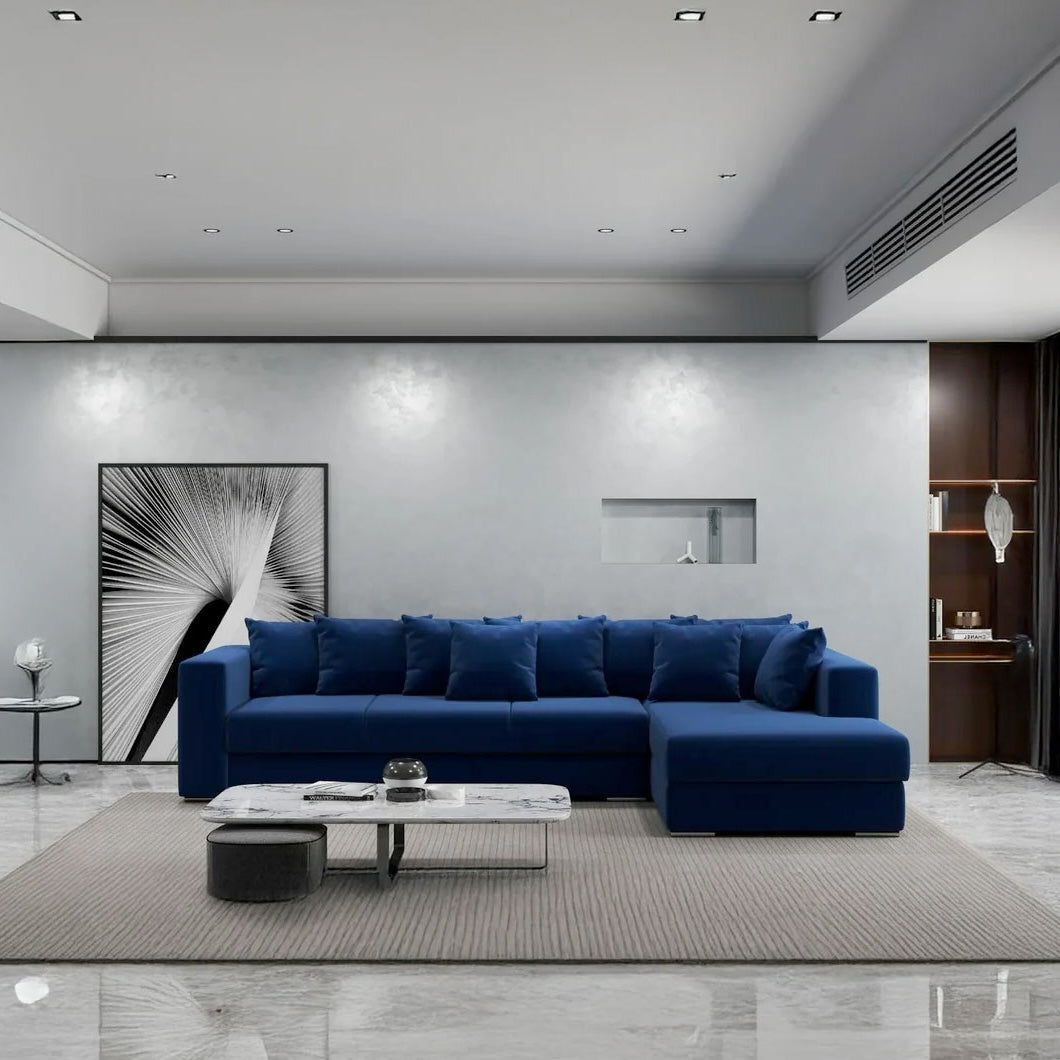 Colțar extensibil dumonde cu ladă de depozitare si sezut confortabil din spuma HR, Gloria Royal Blue II 320x183 cm Fabrica