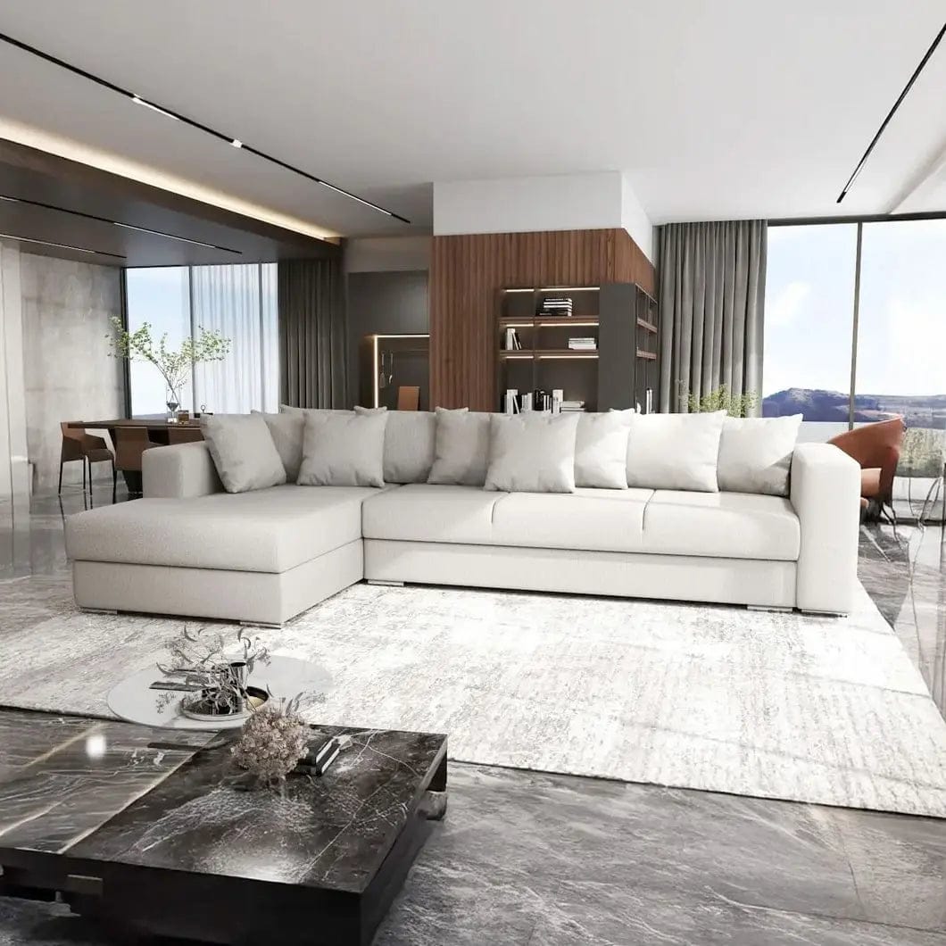 Colțar extensibil dumonde cu ladă de depozitare si sezut confortabil din spuma HR, Gloria Enjoy Beige 320x183 cm Fabrica