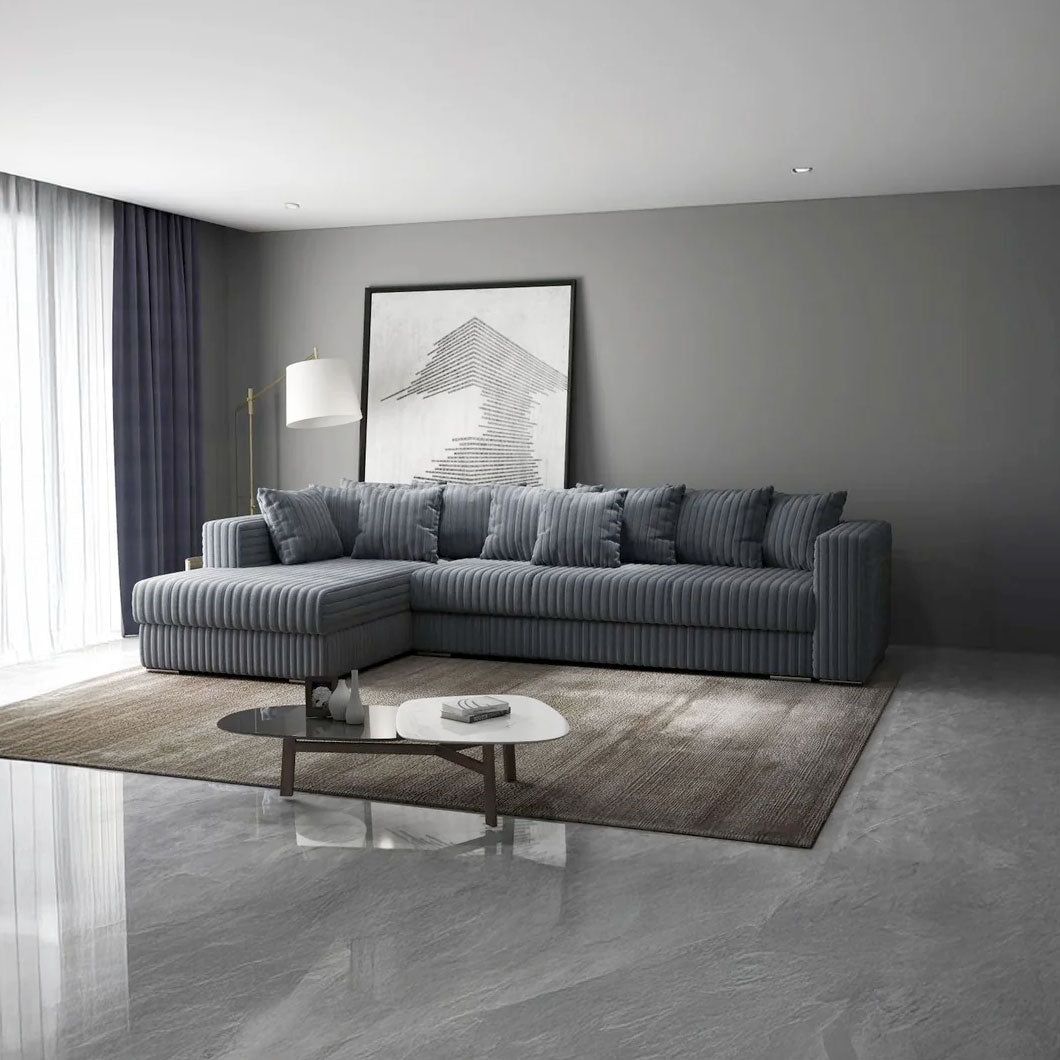 Colțar extensibil dumonde cu ladă de depozitare si sezut confortabil din spuma HR, Gloria Ambience Gri II 320x183 cm Fabrica