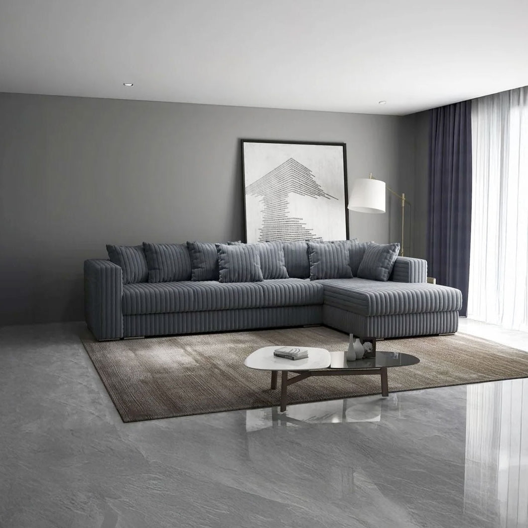 Colțar extensibil dumonde cu ladă de depozitare si sezut confortabil din spuma HR, Gloria Ambience Gri 320x183 cm Fabrica