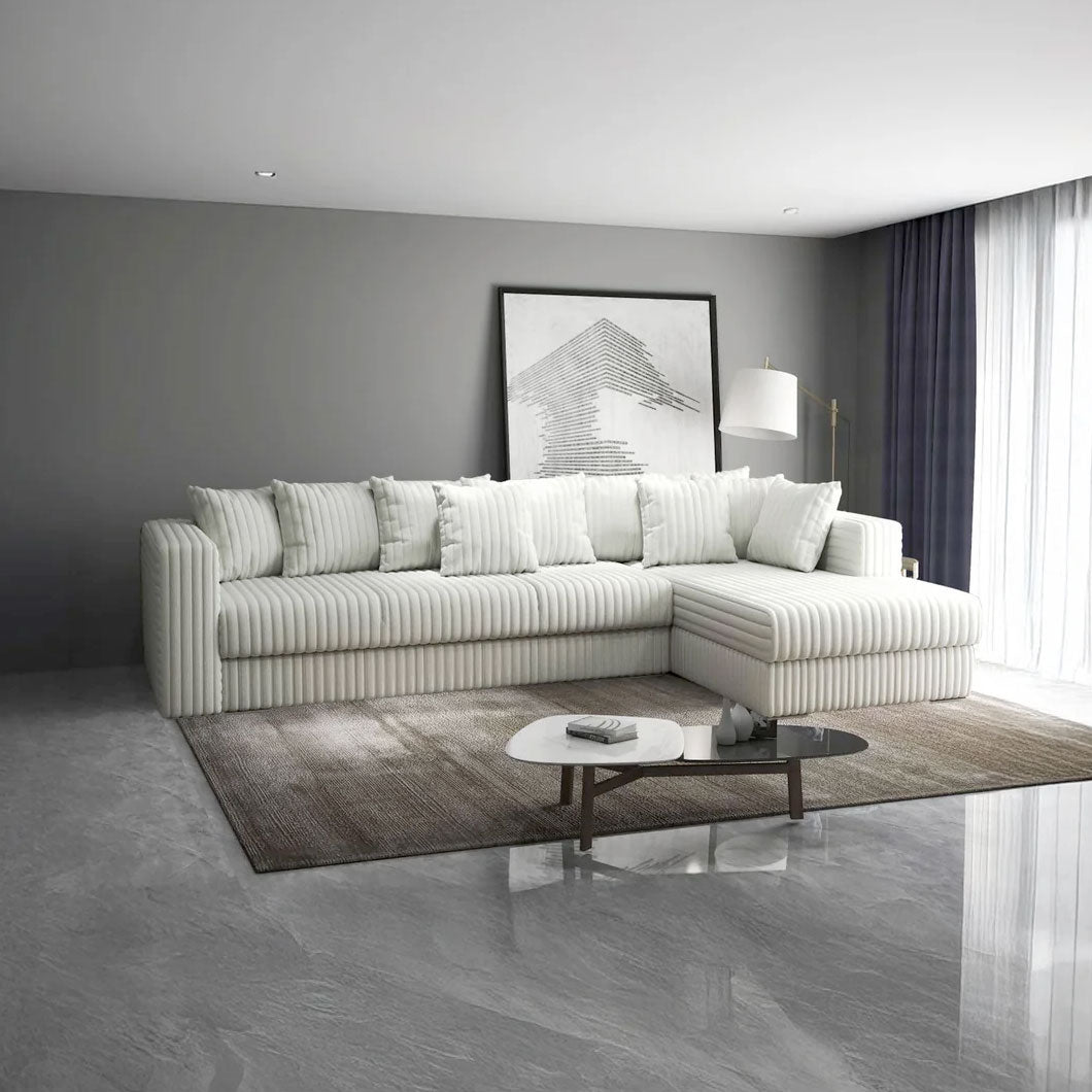 Colțar extensibil dumonde cu ladă de depozitare si sezut confortabil din spuma HR, Gloria Ambience Ivory II 320x183 cm Fabrica