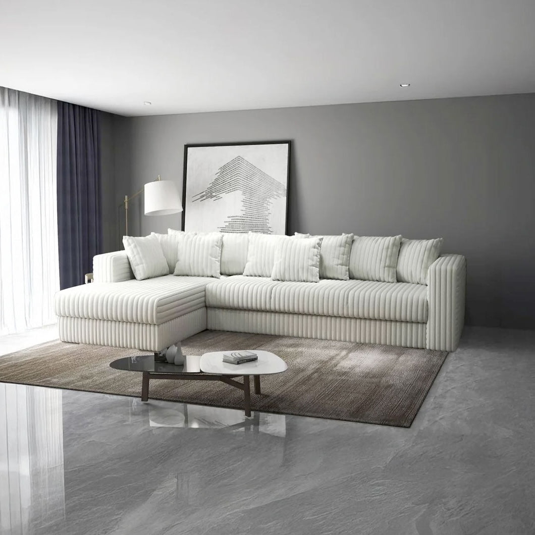 Colțar extensibil dumonde cu ladă de depozitare si sezut confortabil din spuma HR, Gloria Ambience Ivory 320x183 cm Fabrica