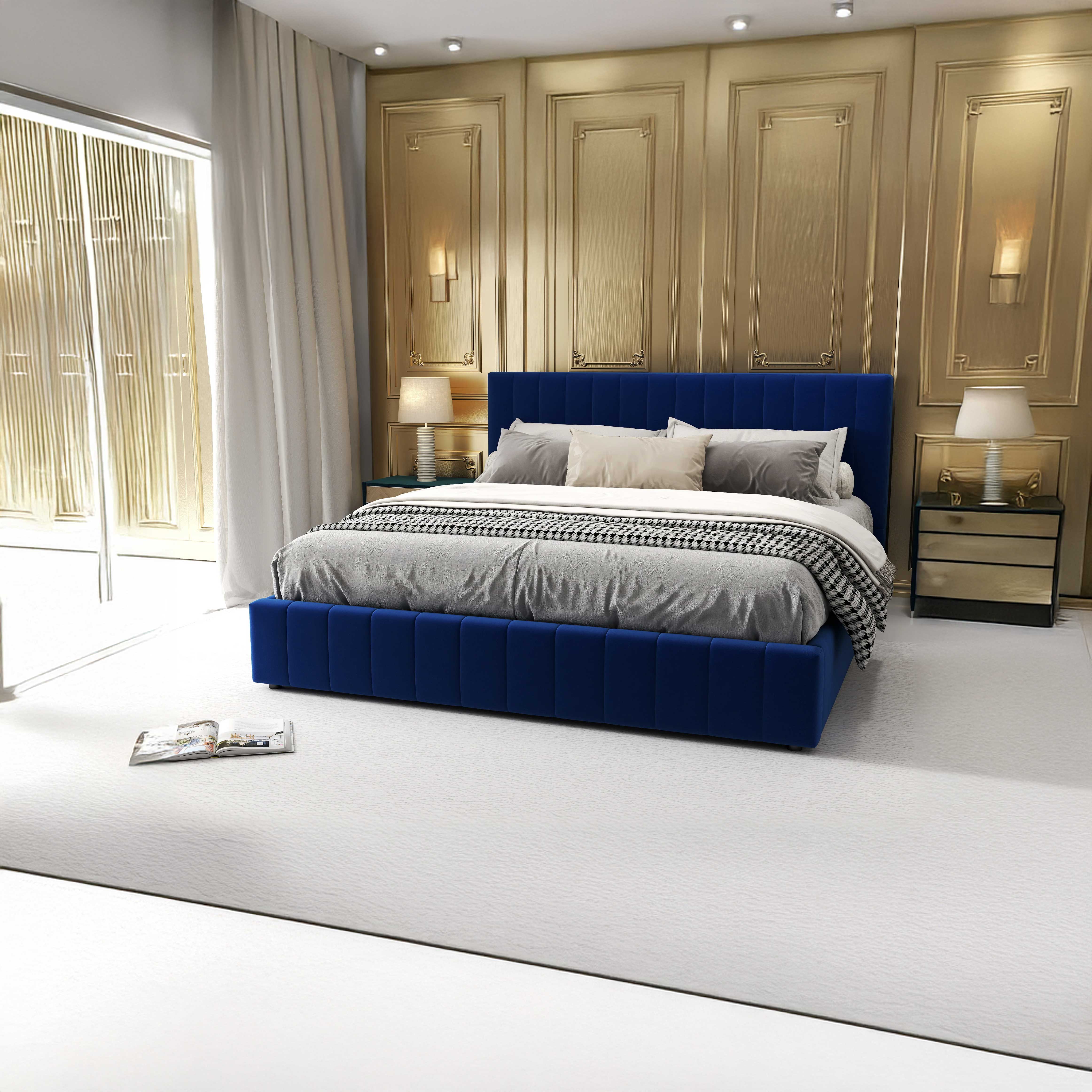 Pat dormitor dumonde, tapitat albastru, Gloria 160x200 cm, somiera rabatabila inclusa, spatiu depozitare WLS