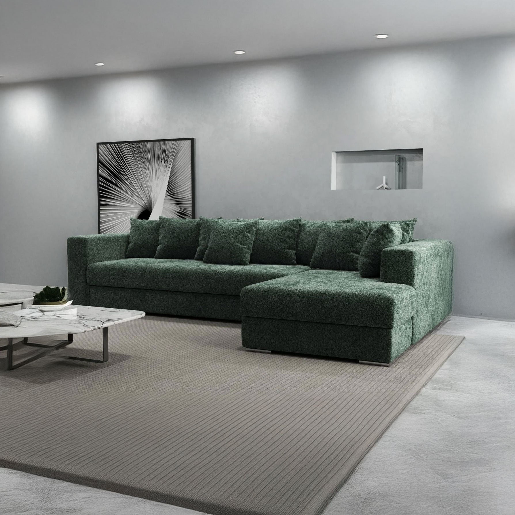 Colțar extensibil dumonde cu ladă de depozitare si sezut confortabil din spuma HR, Gloria Verde Euphoria II 320x183 cm Fabrica