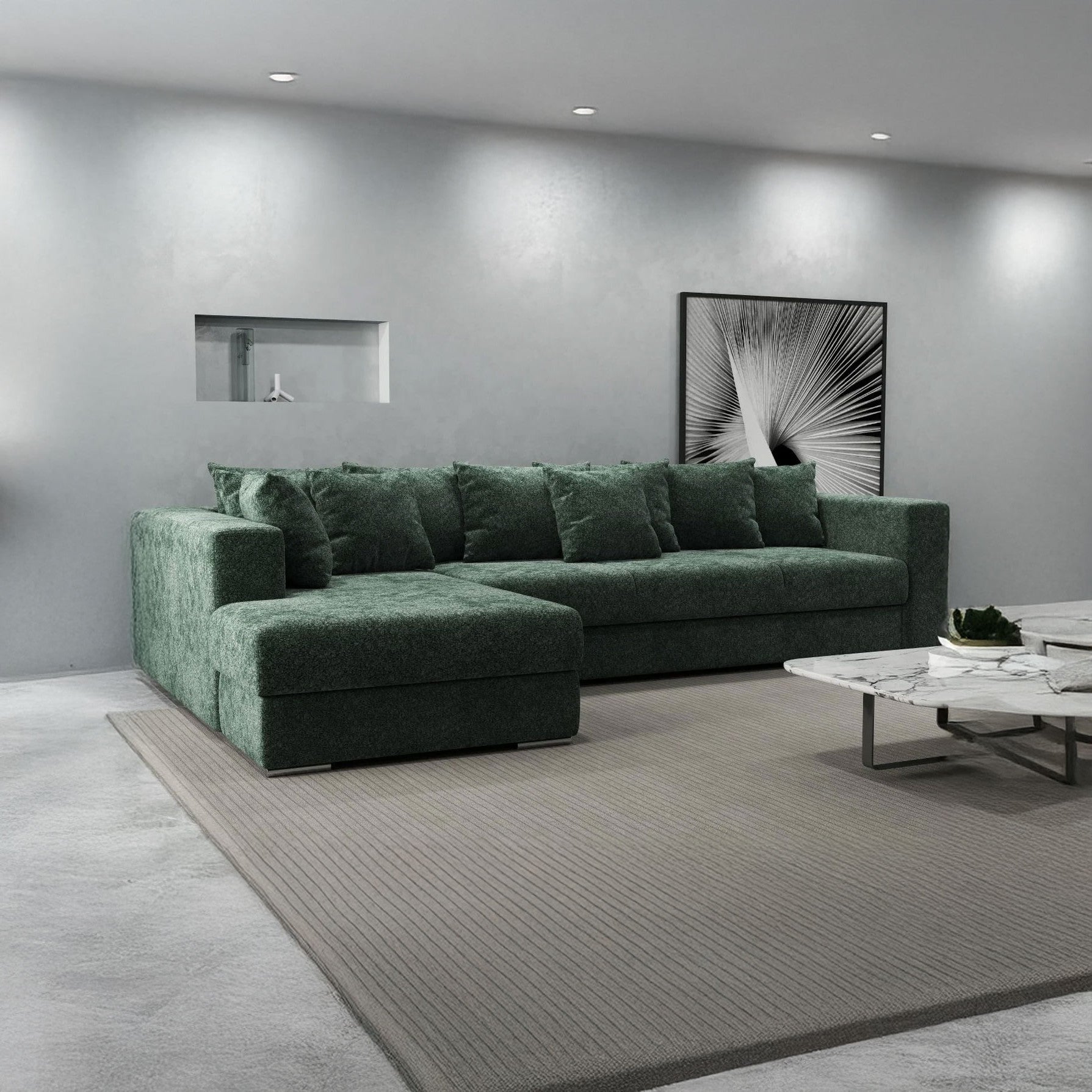 Colțar extensibil dumonde cu ladă de depozitare si sezut confortabil din spuma HR, Gloria Verde Euphoria 320x183 cm Fabrica