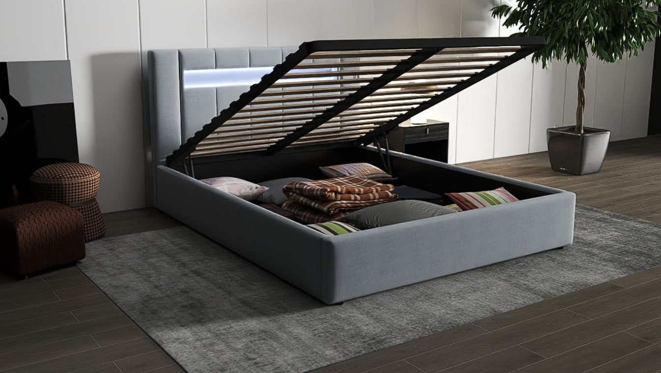 Pat dormitor dumonde, tapitat gri, Glow 180x200 cm, somiera rabatabila inclusa, spatiu depozitare WLS