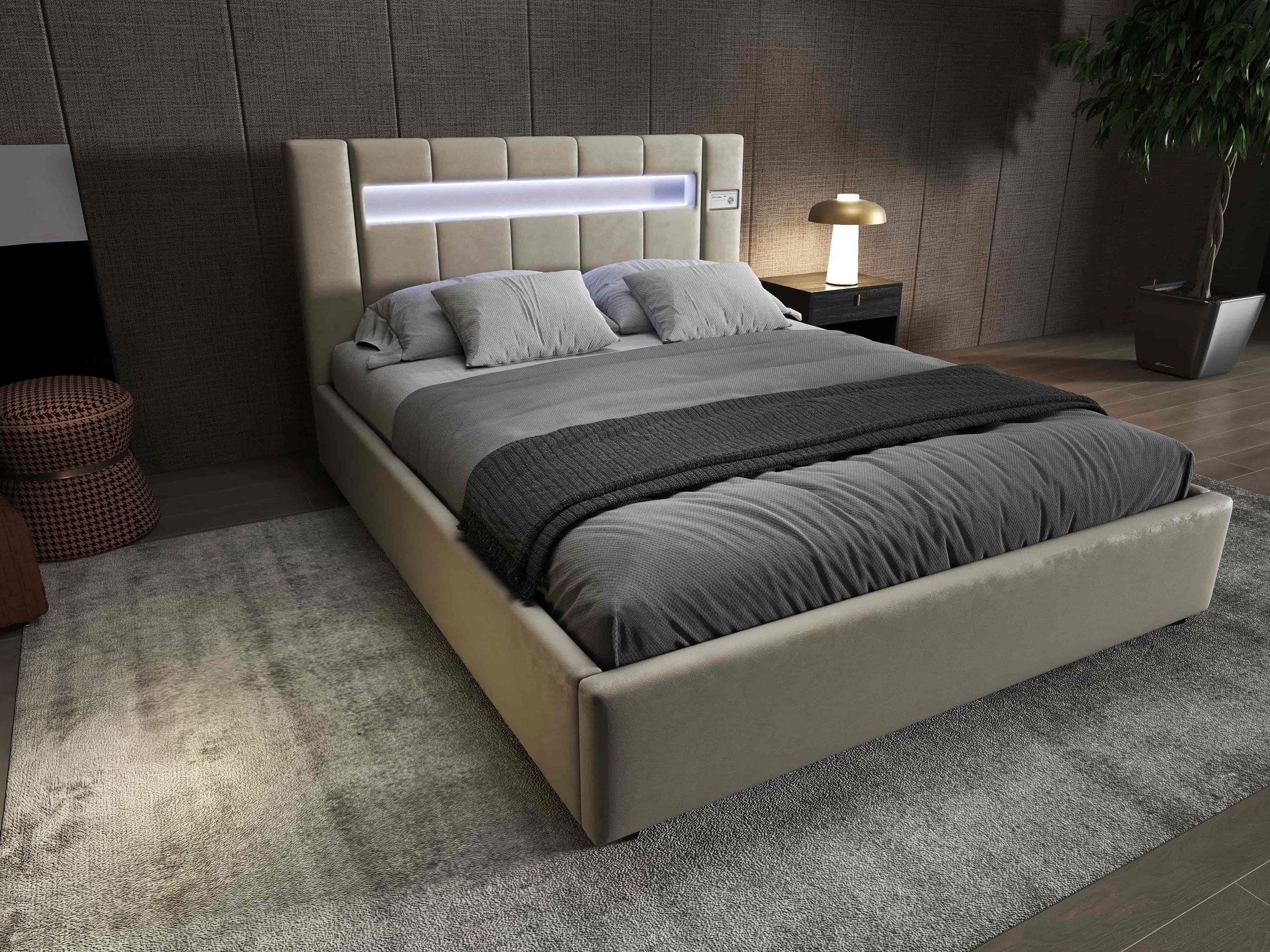 Pat dormitor dumonde, tapitat bej, Glow 180x200 cm, somiera rabatabila inclusa, spatiu depozitare WLS