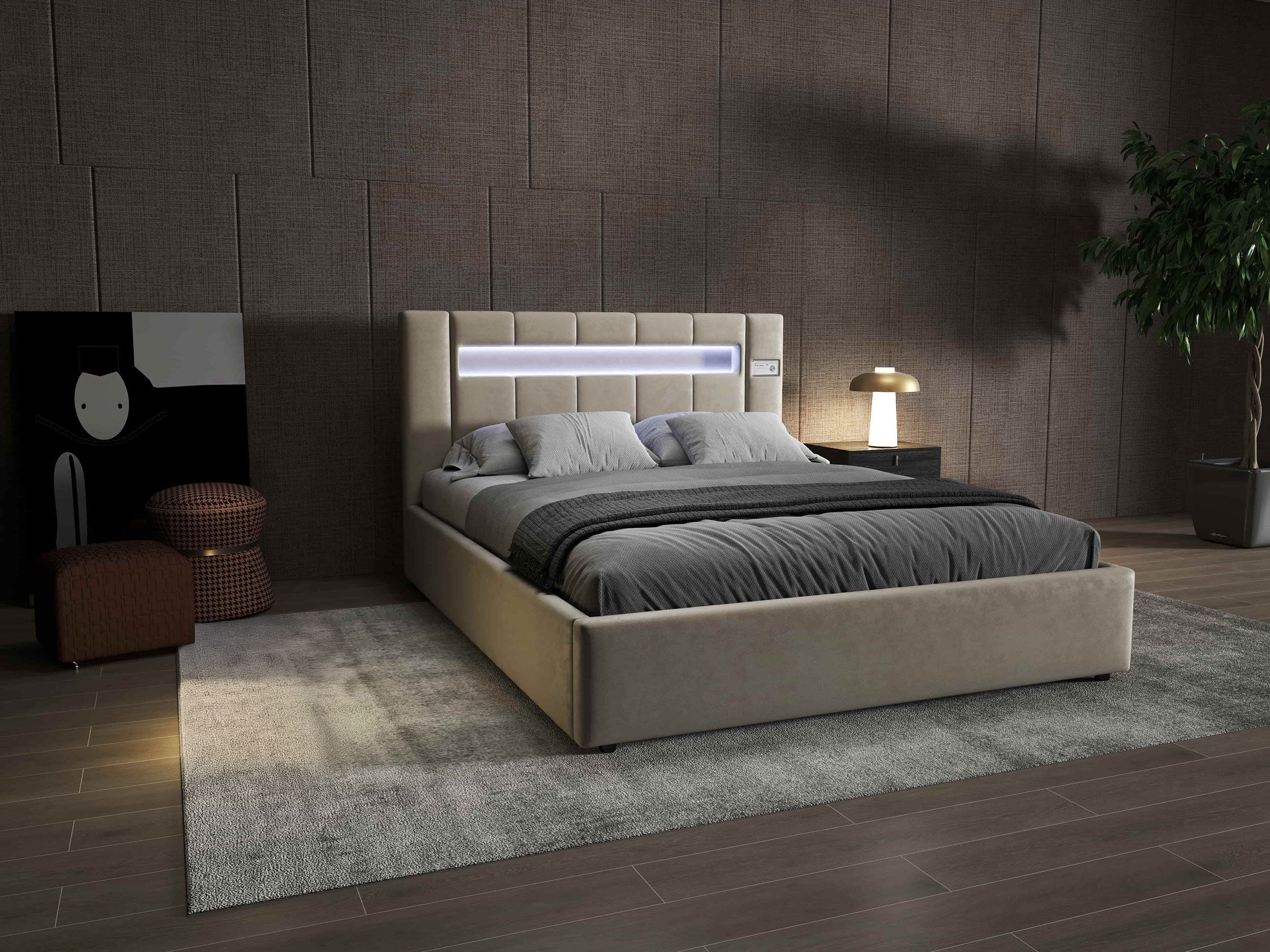 Pat dormitor dumonde, tapitat bej, Glow 180x200 cm, somiera rabatabila inclusa, spatiu depozitare WLS