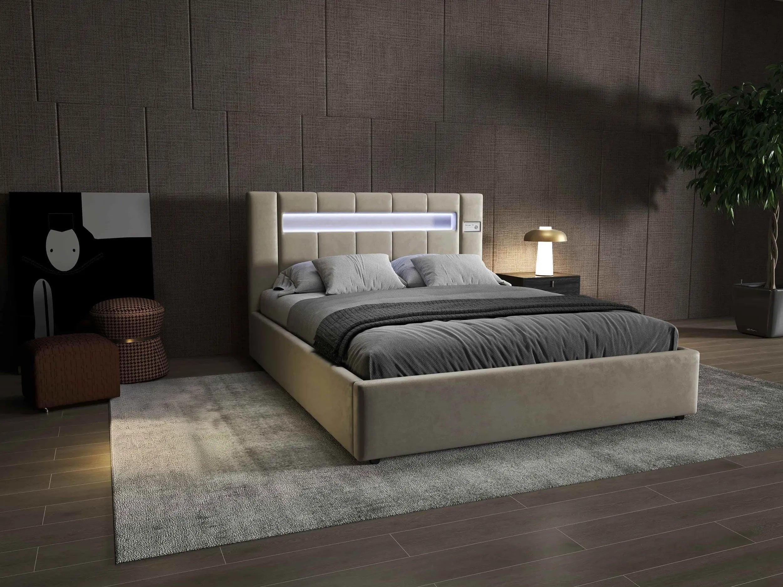 Pat dormitor dumonde, tapitat bej, Glow 180x200 cm, somiera rabatabila inclusa, spatiu depozitare WLS