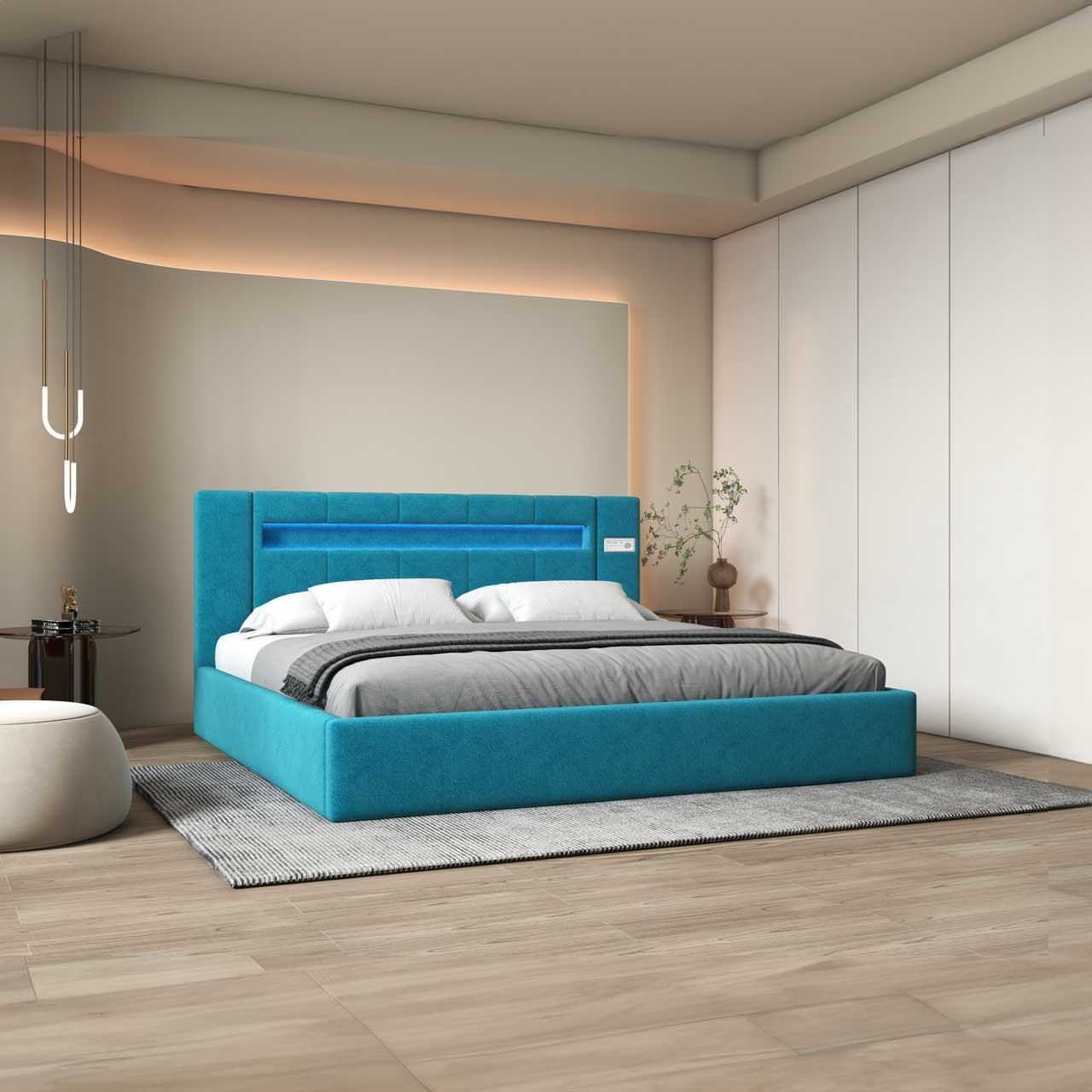 Pat dormitor dumonde, tapitat turcoaz cu LED si SISTEM AUDIO, Glow 160x200 cm, somiera rabatabila inclusa, spatiu depozitare WLS